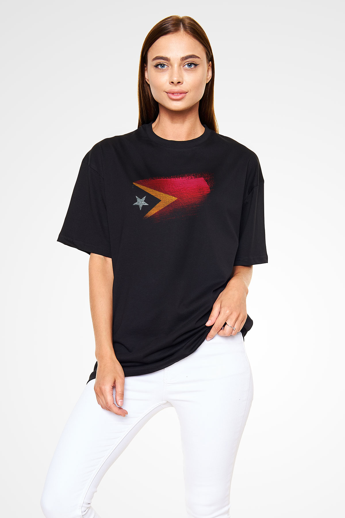 Doğu Timor - East Timor Bayrağı Baskılı Unisex Siyah Oversize Tişört