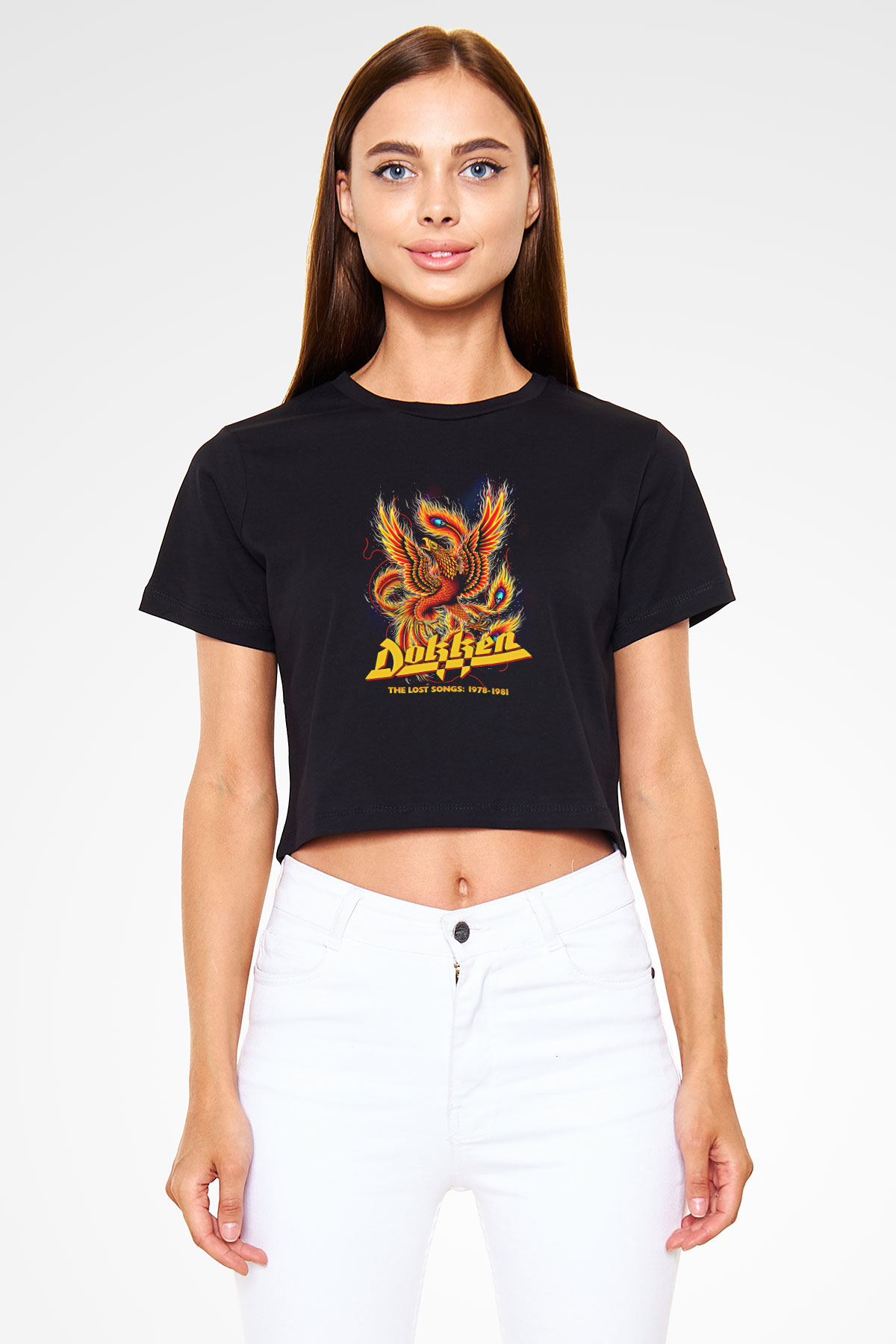 Dokken Baskılı Siyah Crop Top Kadın Tişört - Tshirt