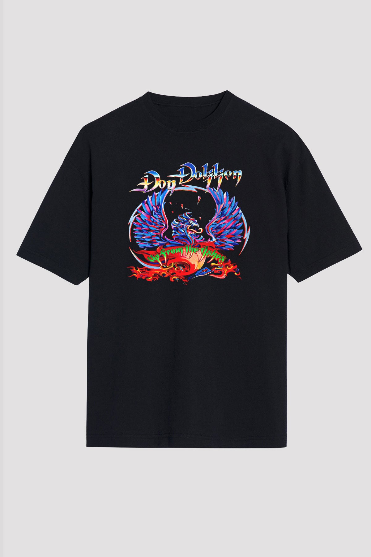 Dokken Baskılı Unisex Siyah Oversize Tişört - Tshirt