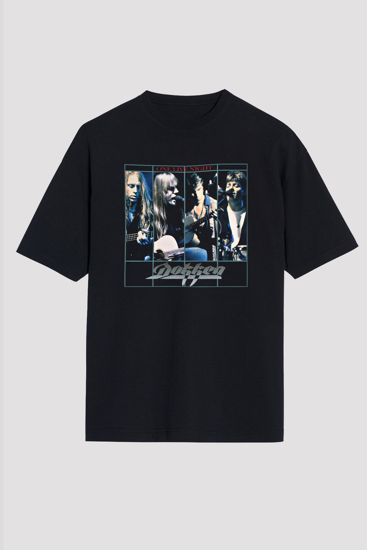 Dokken Baskılı Unisex Siyah Oversize Tişört