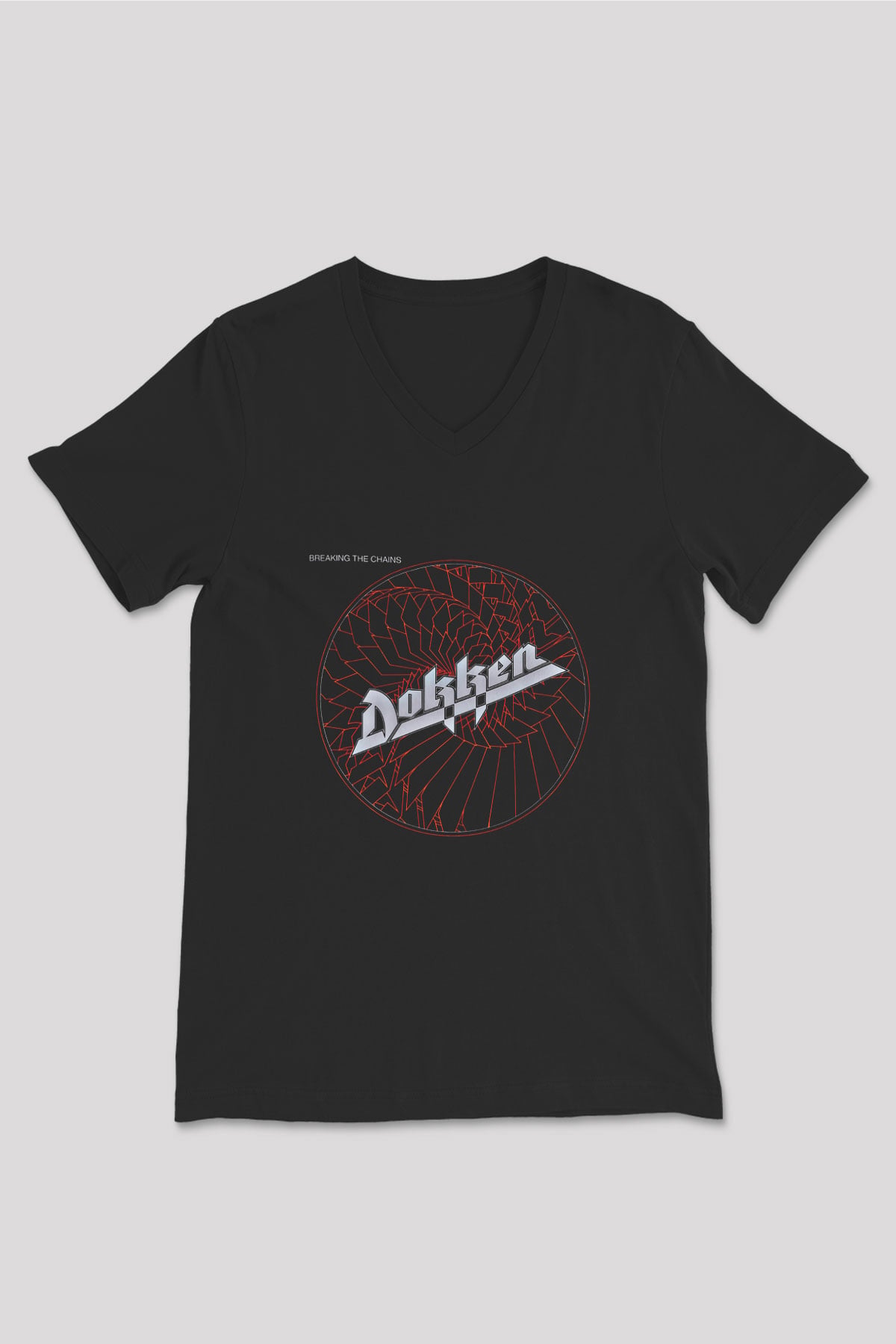 Dokken Baskılı Unisex Siyah V Yaka Tişört