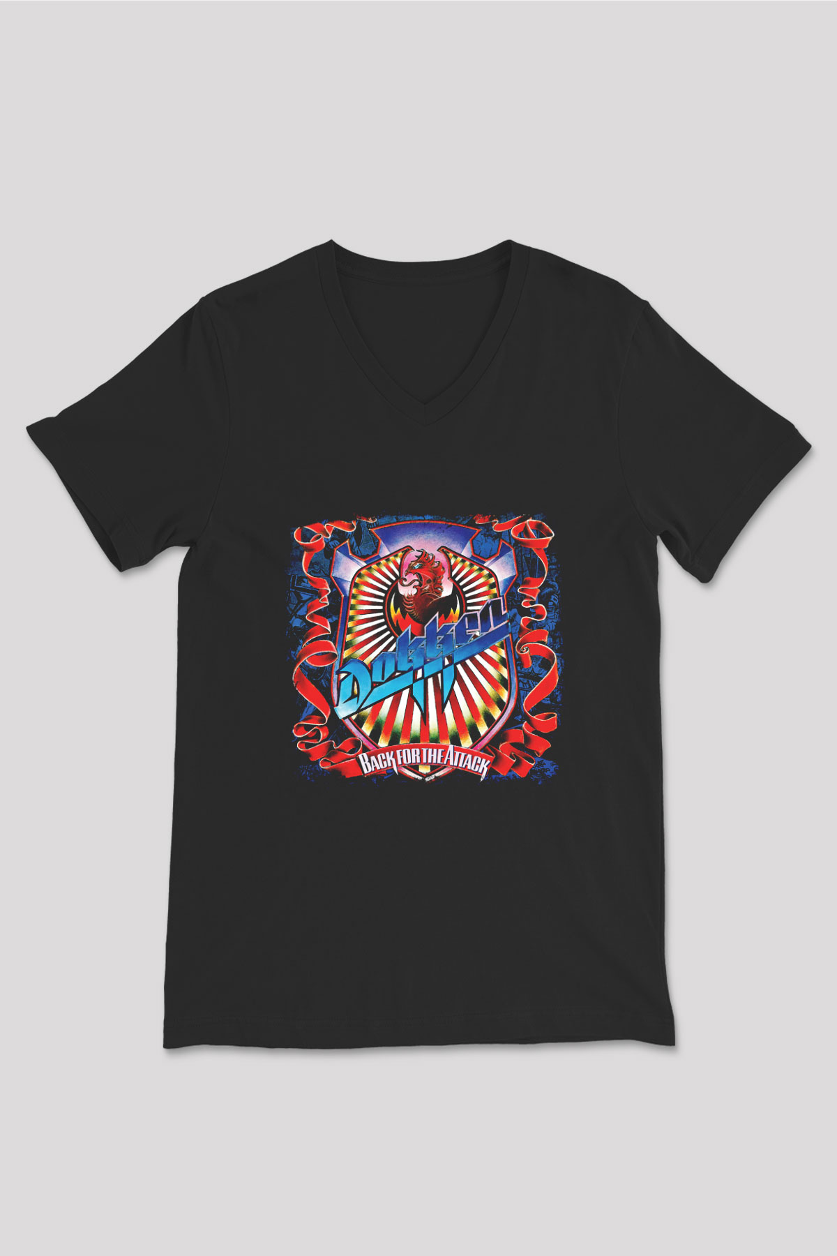 Dokken Baskılı Unisex Siyah V Yaka Tişört
