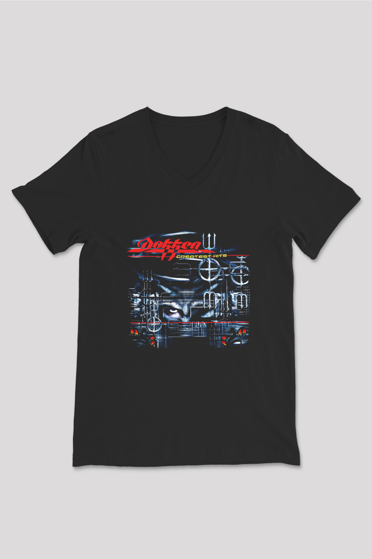 Dokken Baskılı Unisex Siyah V Yaka Tişört