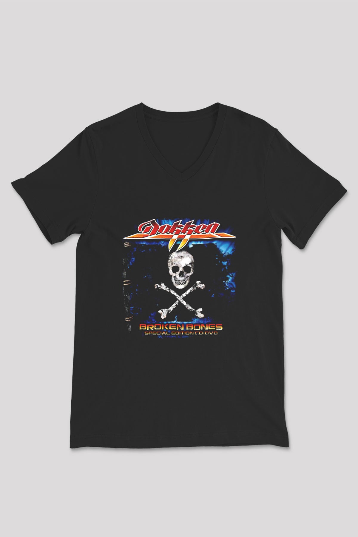Dokken Baskılı Unisex Siyah V Yaka Tişört