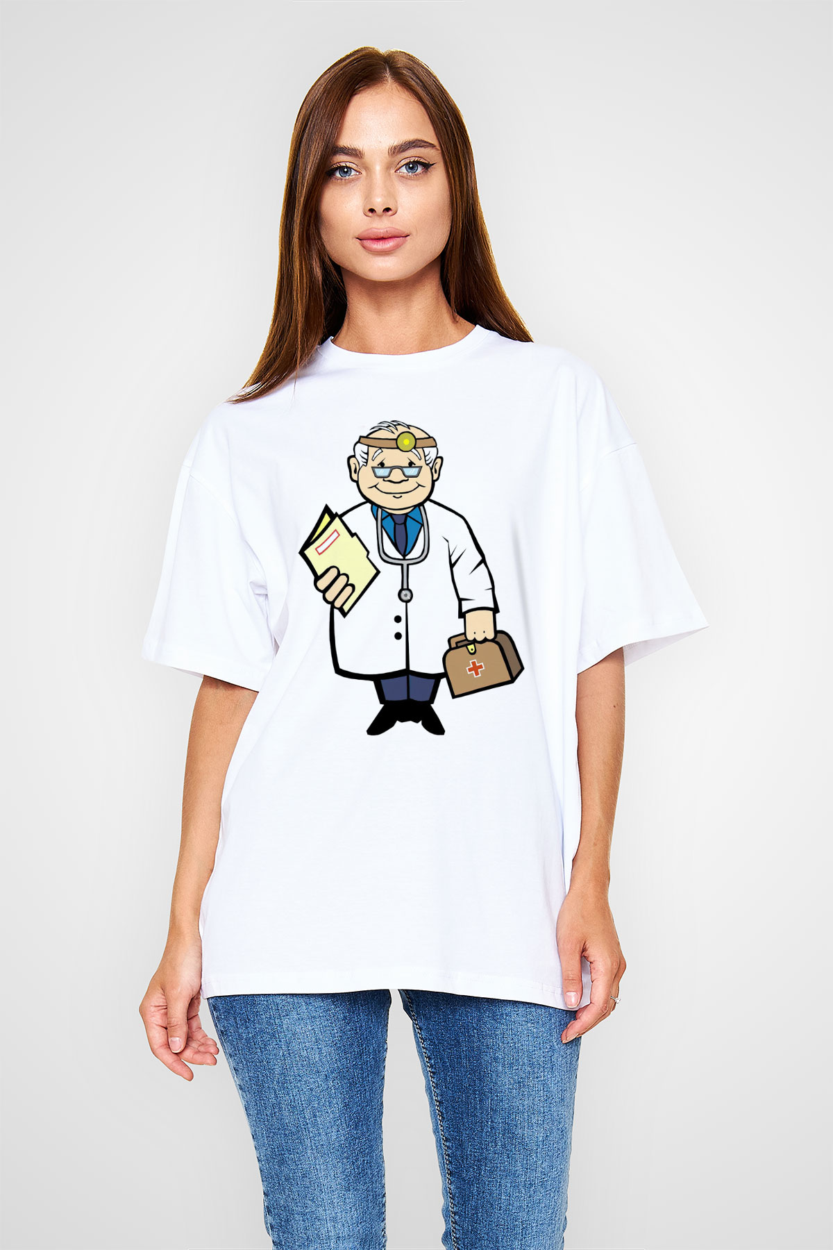 Doktor Beyaz Oversize Tişört Oversize T-shirt - TişörtFabrikası