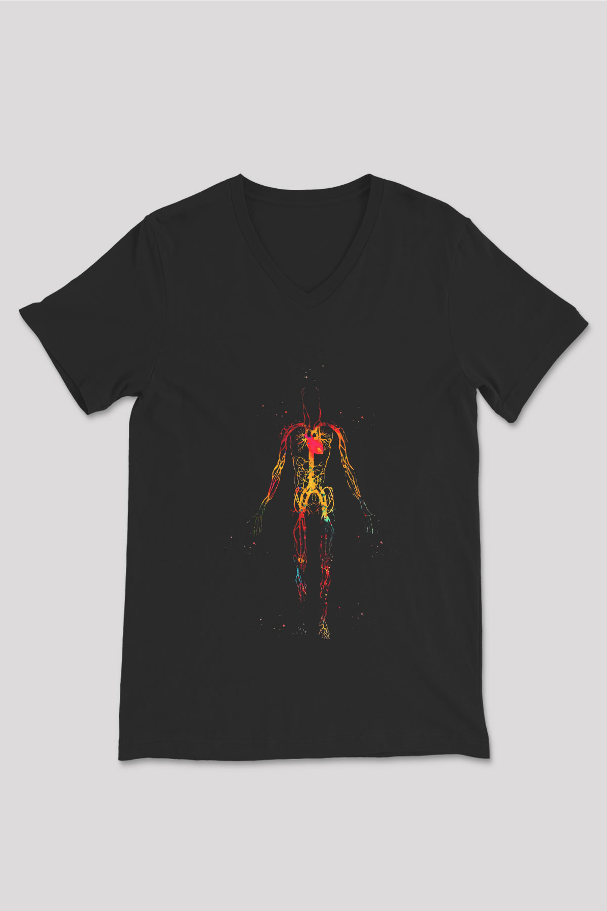Dolaşım Sistemi Renkli Baskılı Unisex V Yaka Siyah Tİşört - Tshirt
