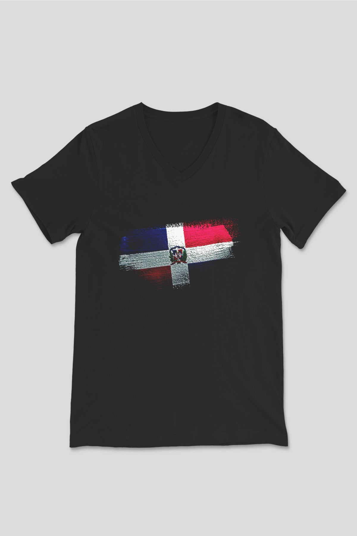 Dominik Cumhuriyeti - Dominican Republic Bayrağı Baskılı Unisex Siyah V Yaka Tişört