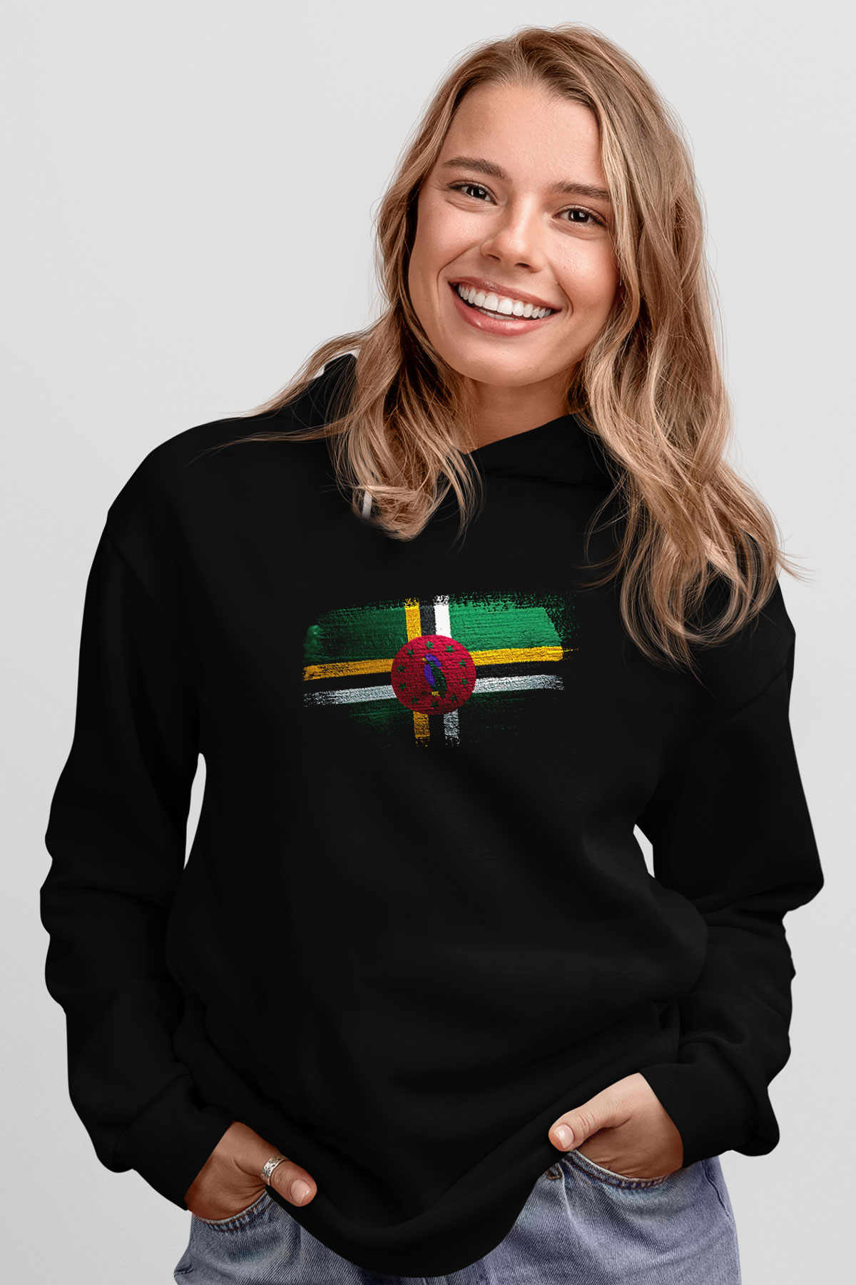 Dominika - Dominica Bayrağı Baskılı Unisex Siyah Hoodie