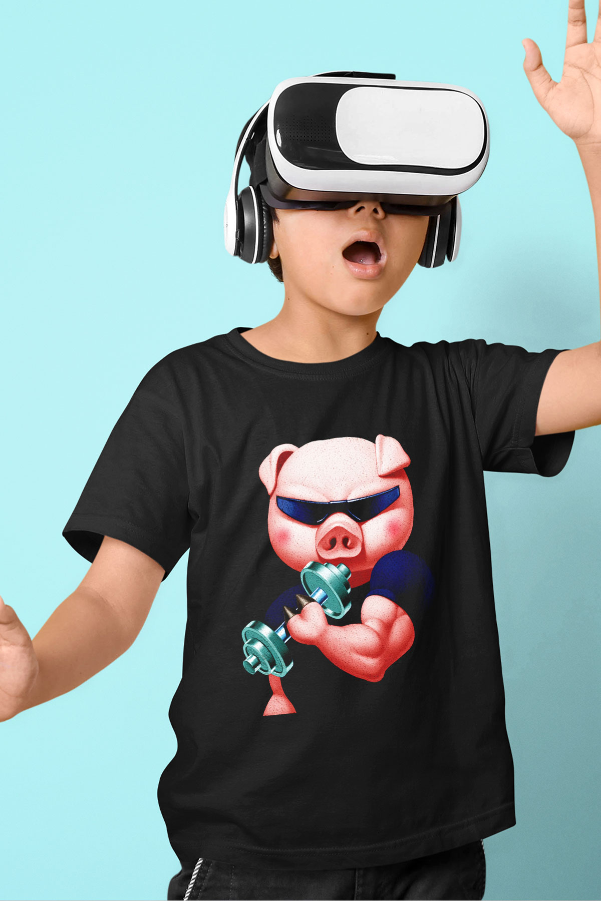 Domuz Baskılı Siyah Unisex Çocuk Tişört