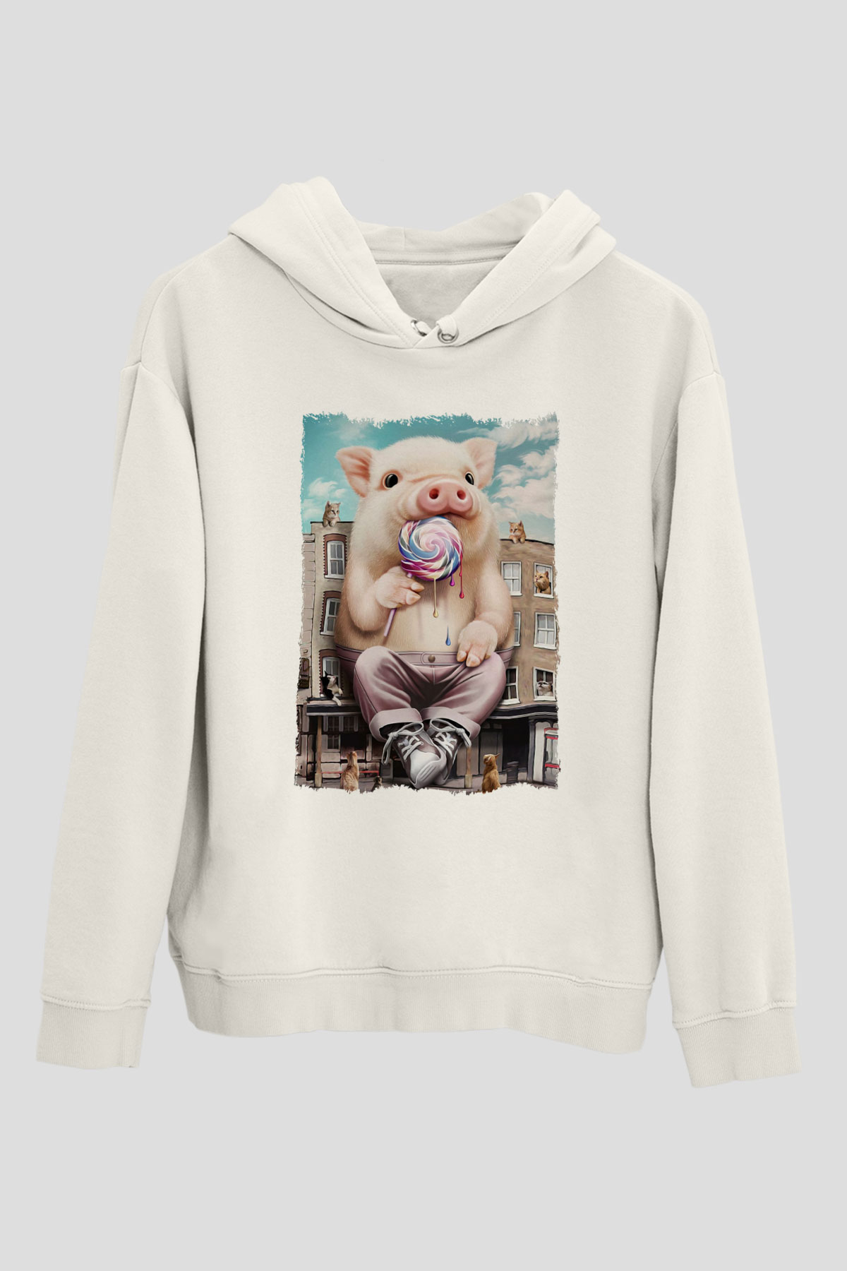 Domuz Beyaz Unisex Kapüşonlu Sweatshirt