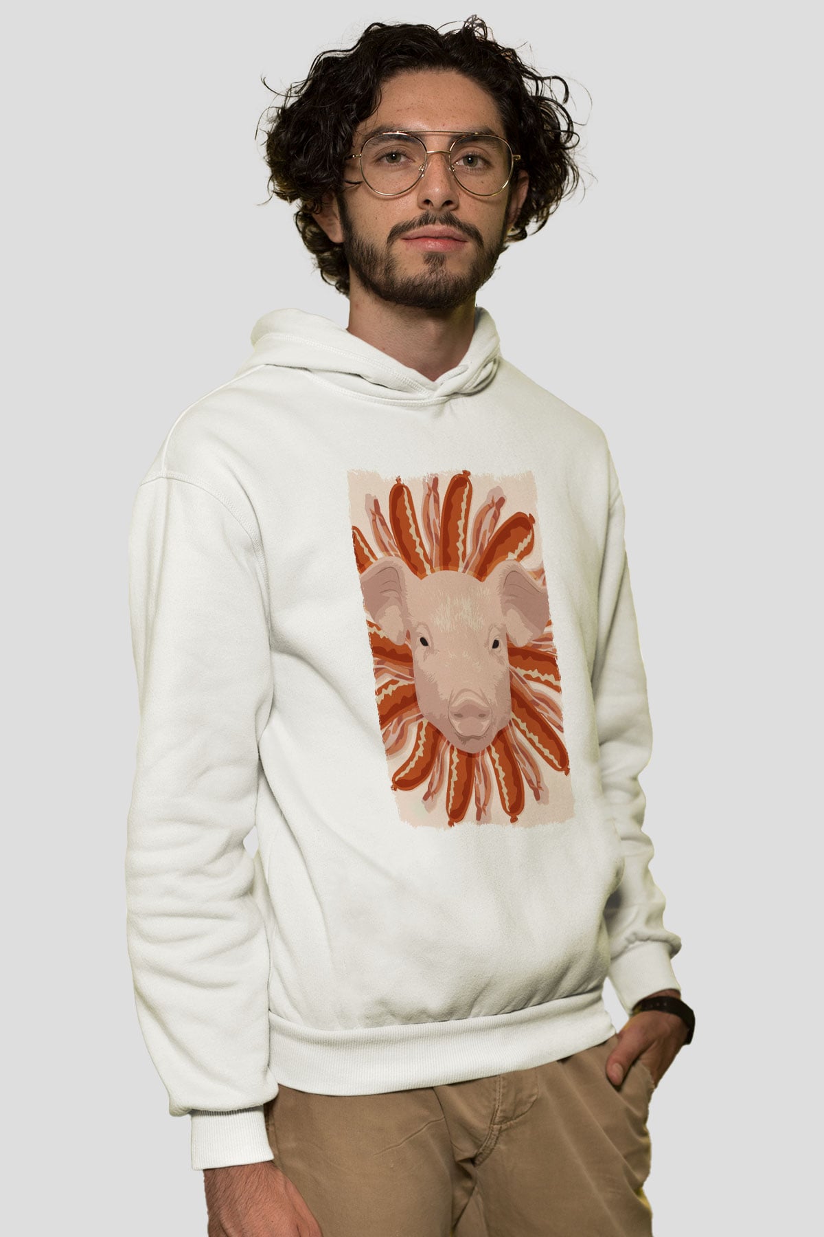 Domuz Beyaz Unisex Kapüşonlu Sweatshirt