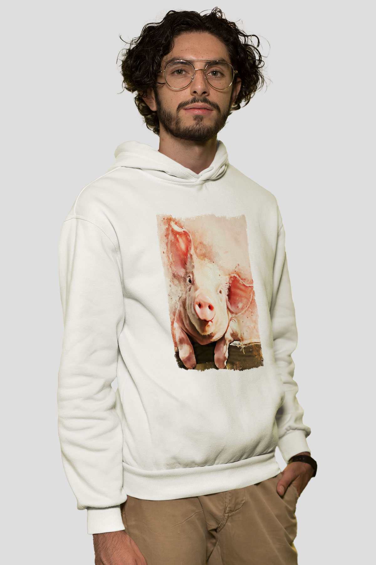 Domuz Beyaz Unisex Kapüşonlu Sweatshirt