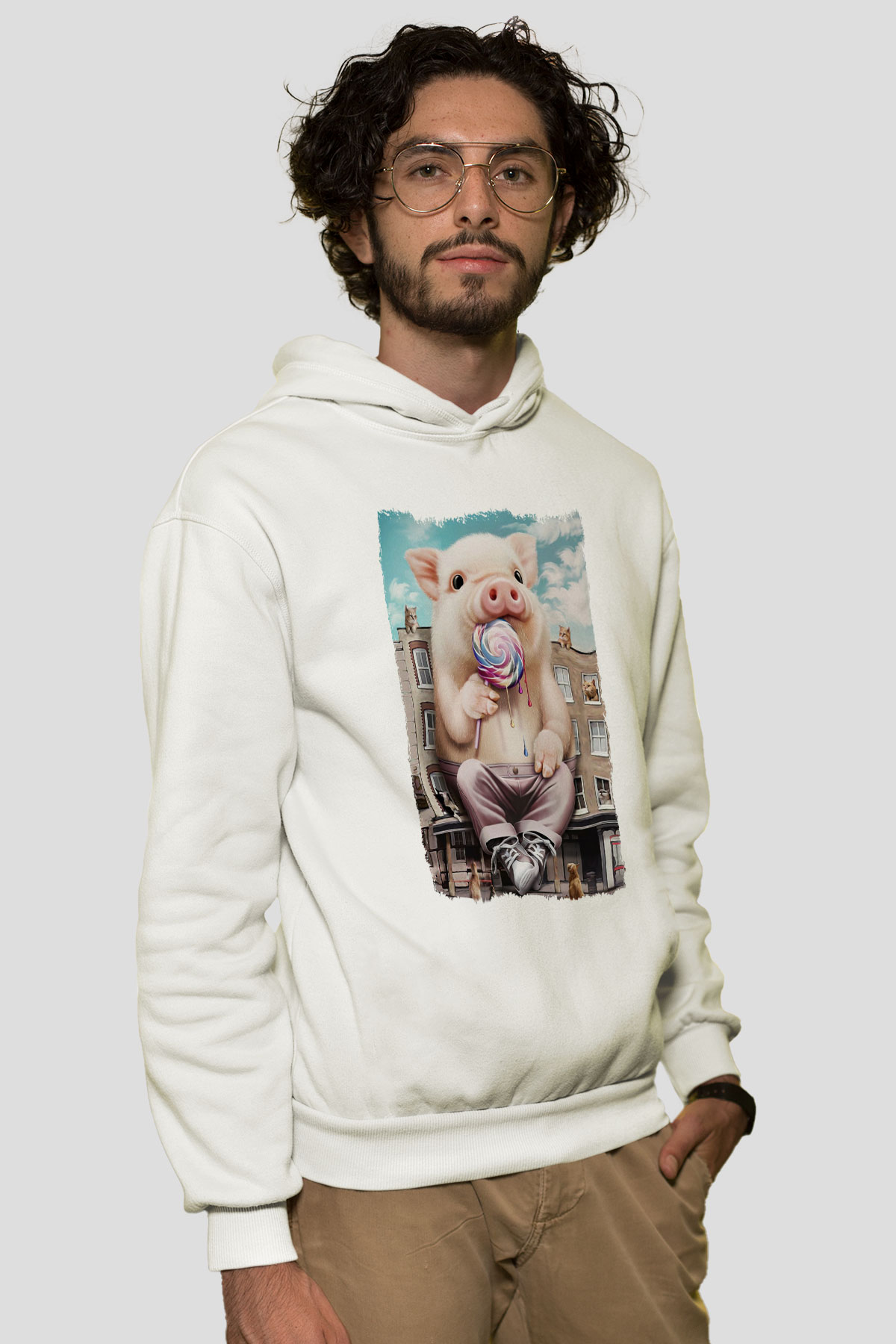 Domuz Beyaz Unisex Kapüşonlu Sweatshirt