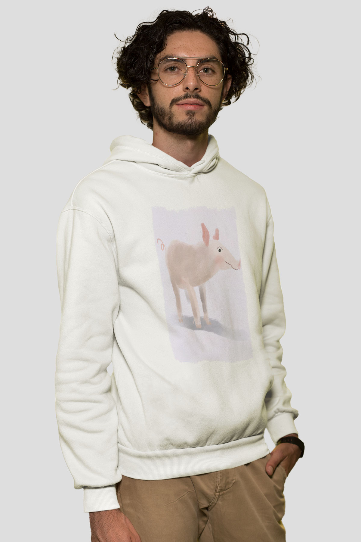 Domuz Beyaz Unisex Kapüşonlu Sweatshirt