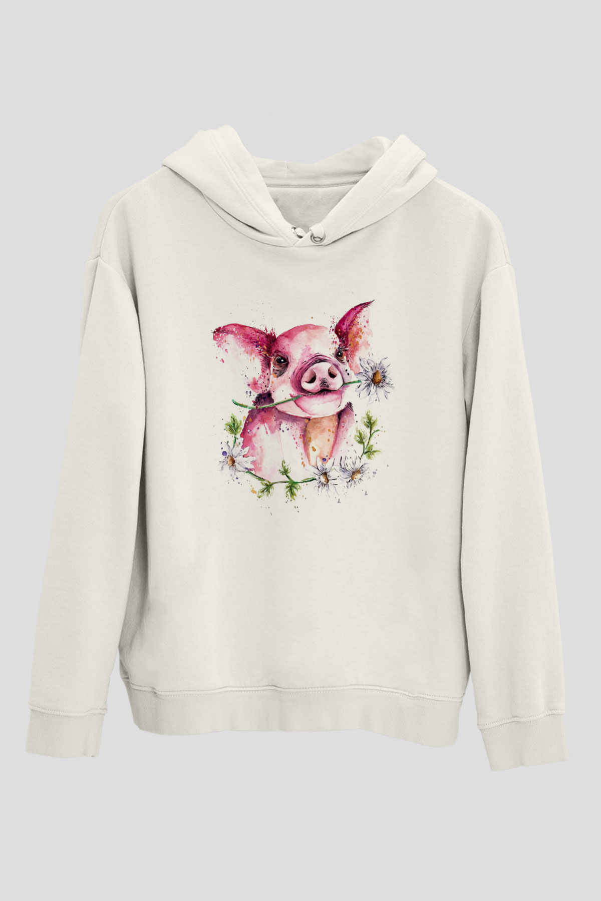 Domuz Beyaz Unisex Kapüşonlu Sweatshirt