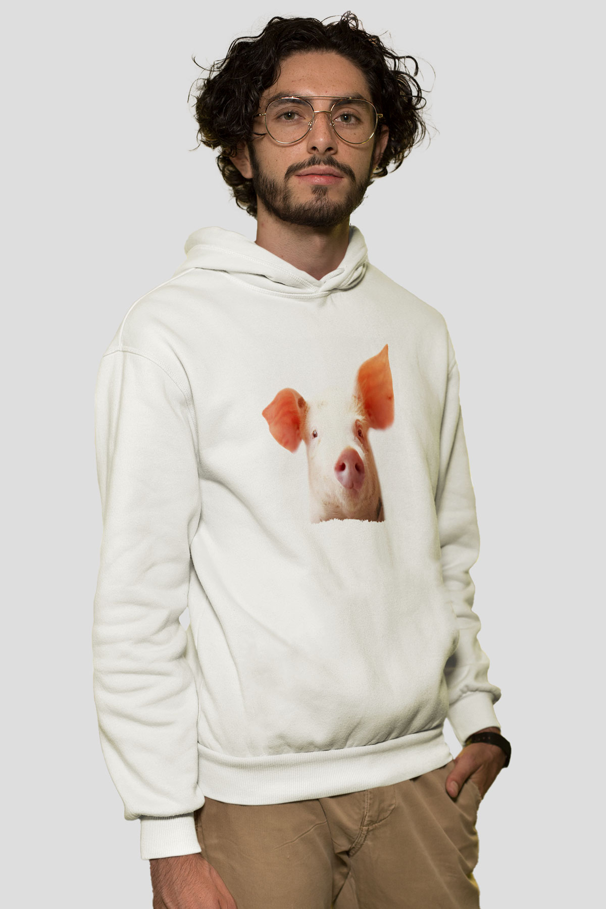 Domuz Beyaz Unisex Kapüşonlu Sweatshirt