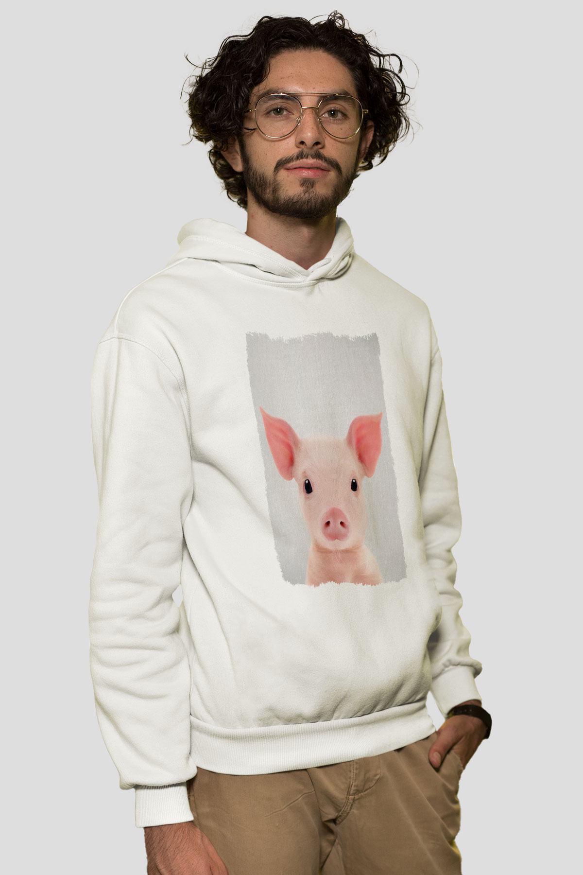 Domuz Beyaz Unisex Kapüşonlu Sweatshirt