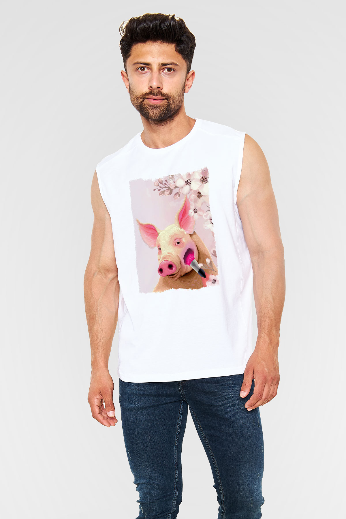 Domuz Beyaz Unisex Kolsuz Tişört