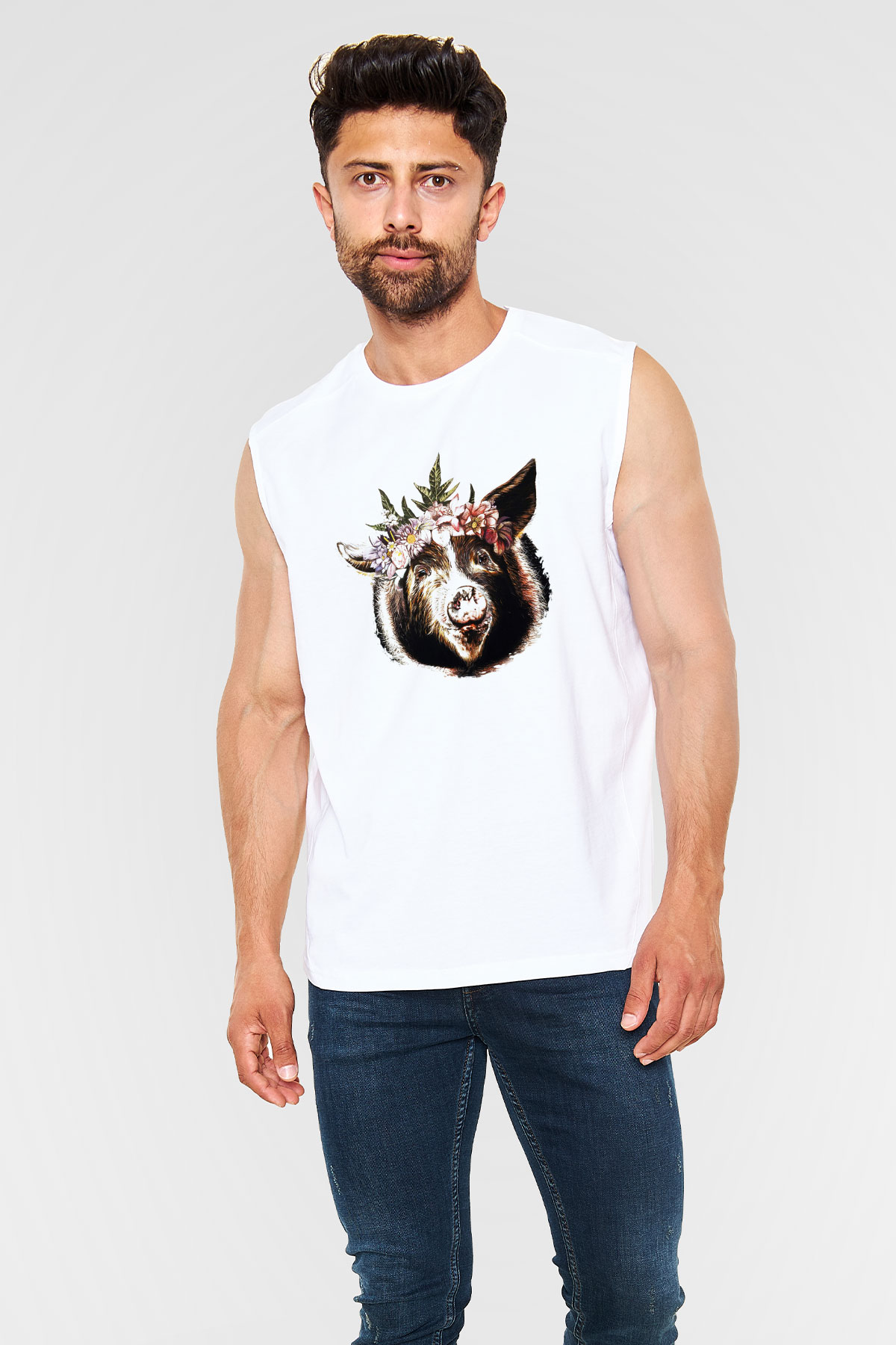 Domuz Beyaz Unisex Kolsuz Tişört