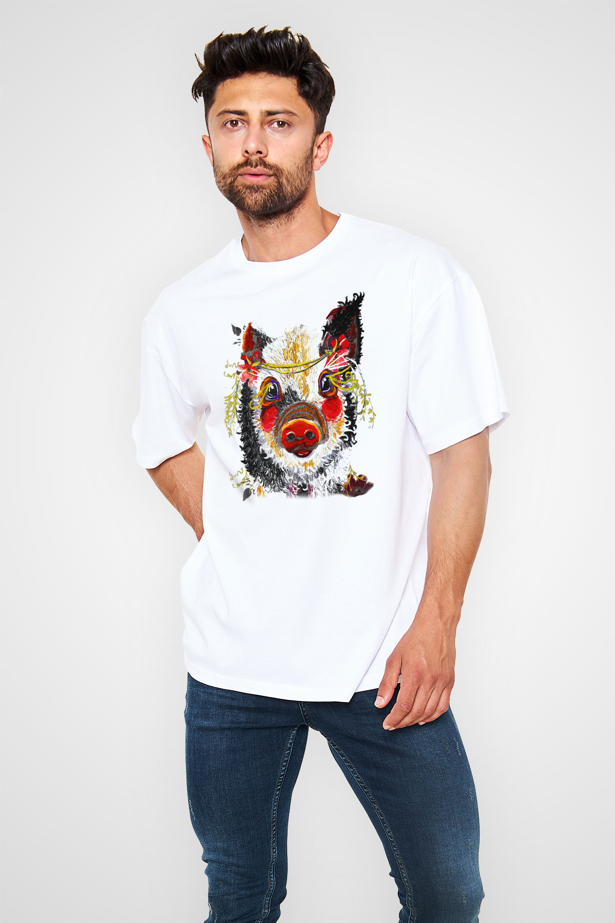 Domuz Beyaz Unisex Oversize Tişört T-Shirt