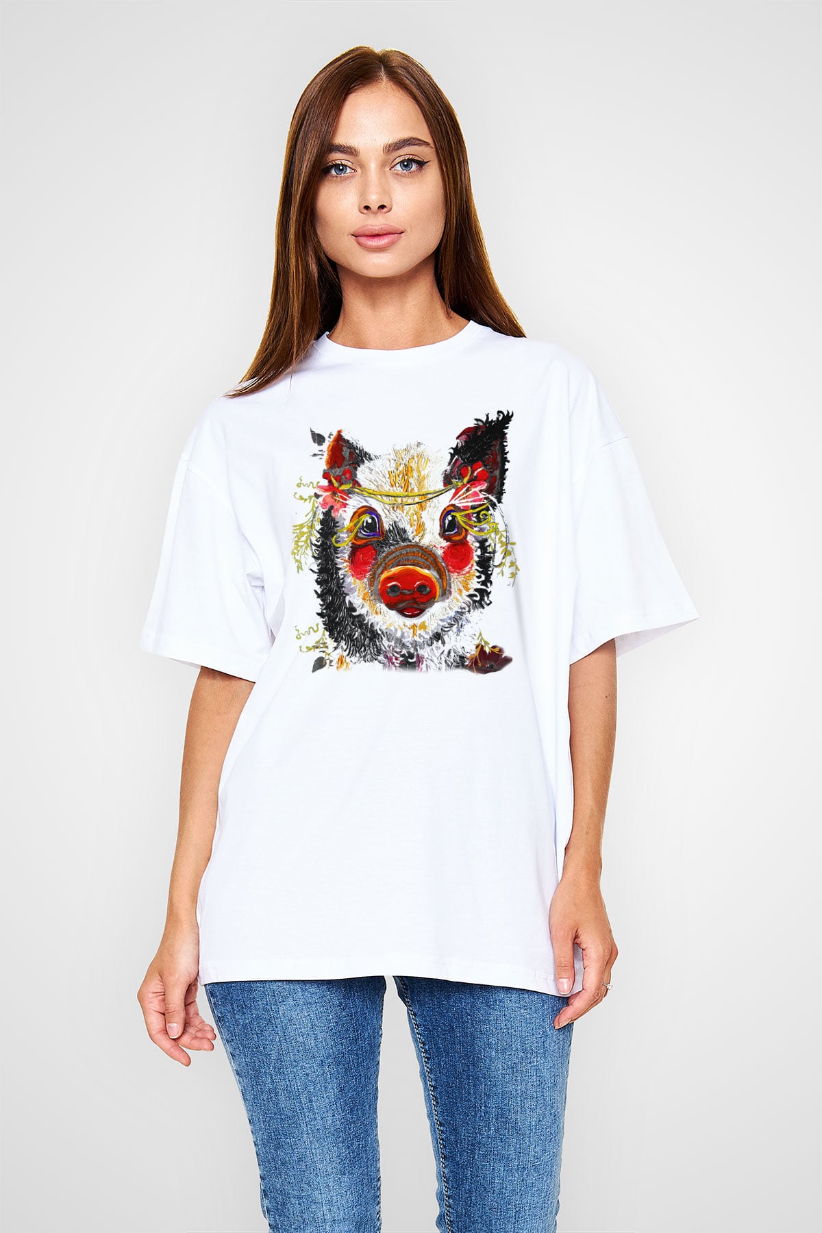 Domuz Beyaz Unisex Oversize Tişört T-Shirt