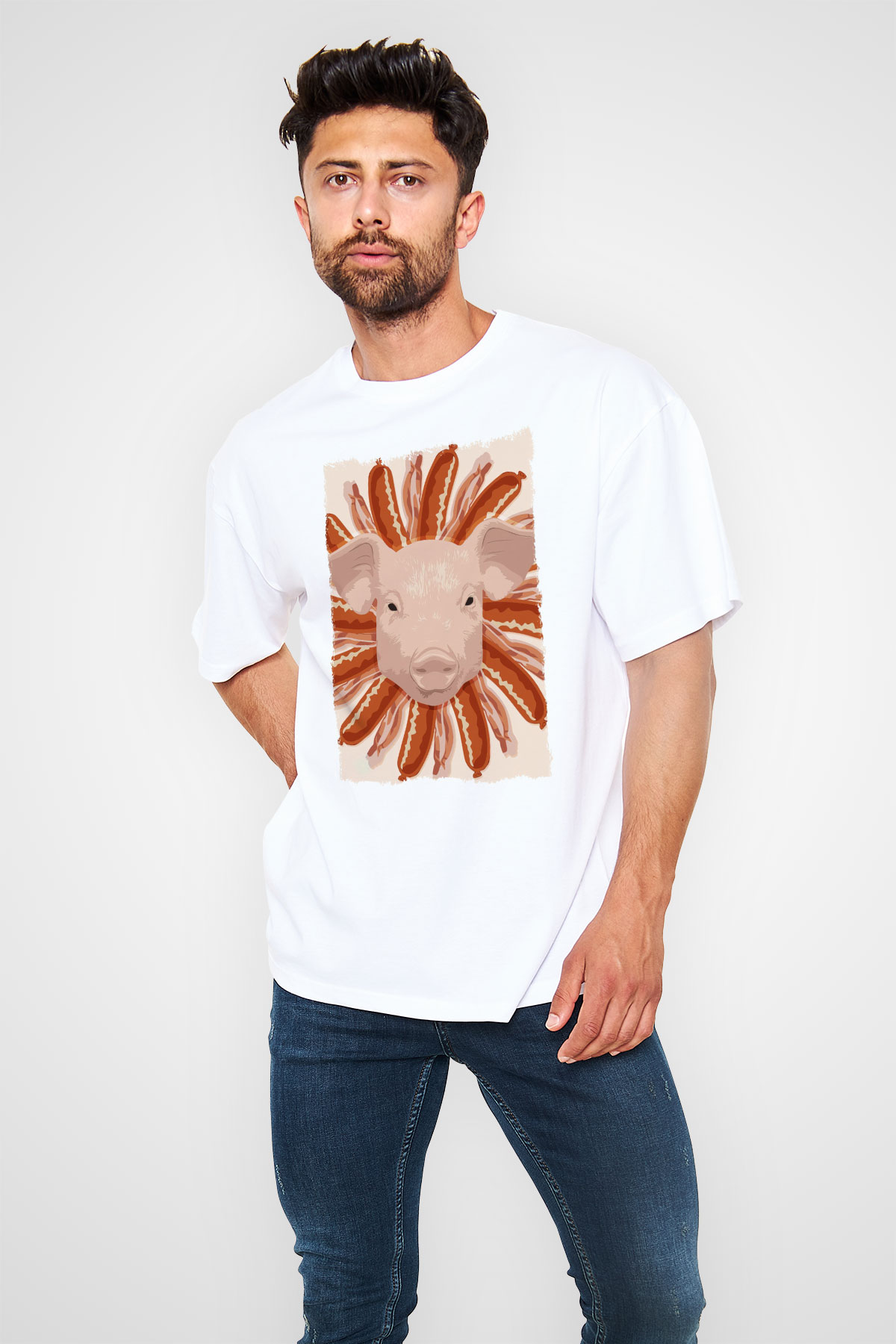 Domuz Beyaz Oversize Tişört Oversize T-shirt - TişörtFabrikası
