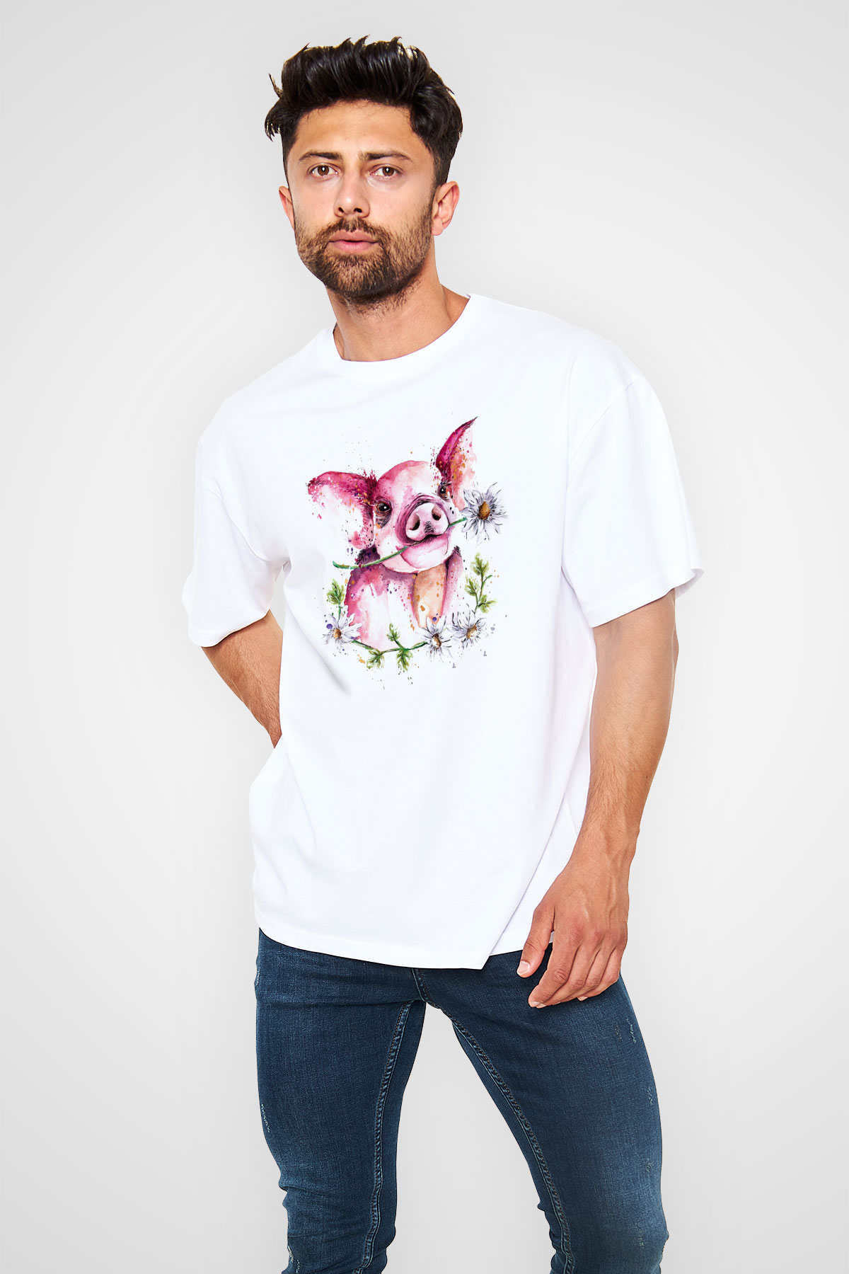 Domuz Beyaz Oversize Tişört Oversize T-shirt - TişörtFabrikası