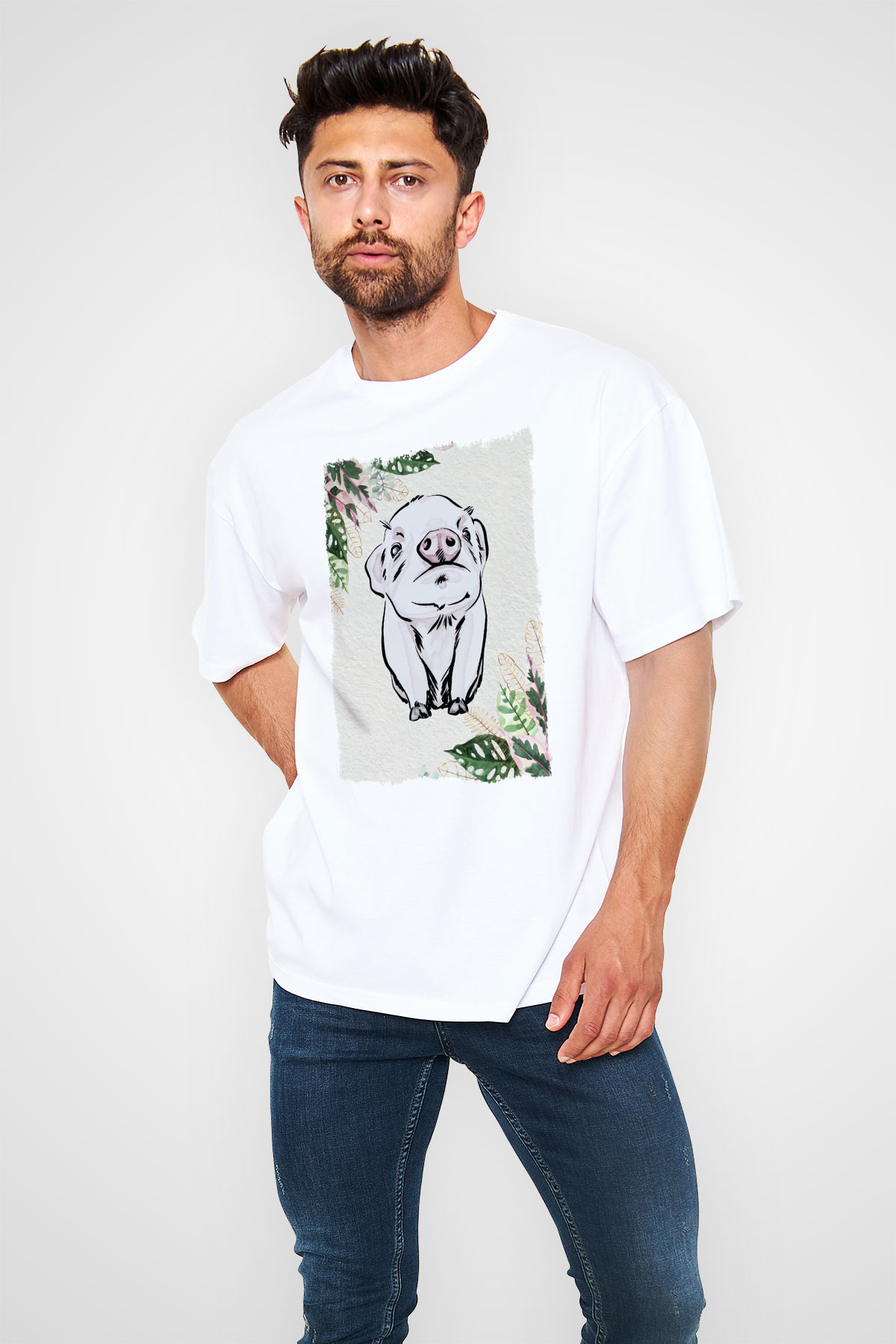 Domuz Beyaz Oversize Tişört Oversize T-shirt - TişörtFabrikası