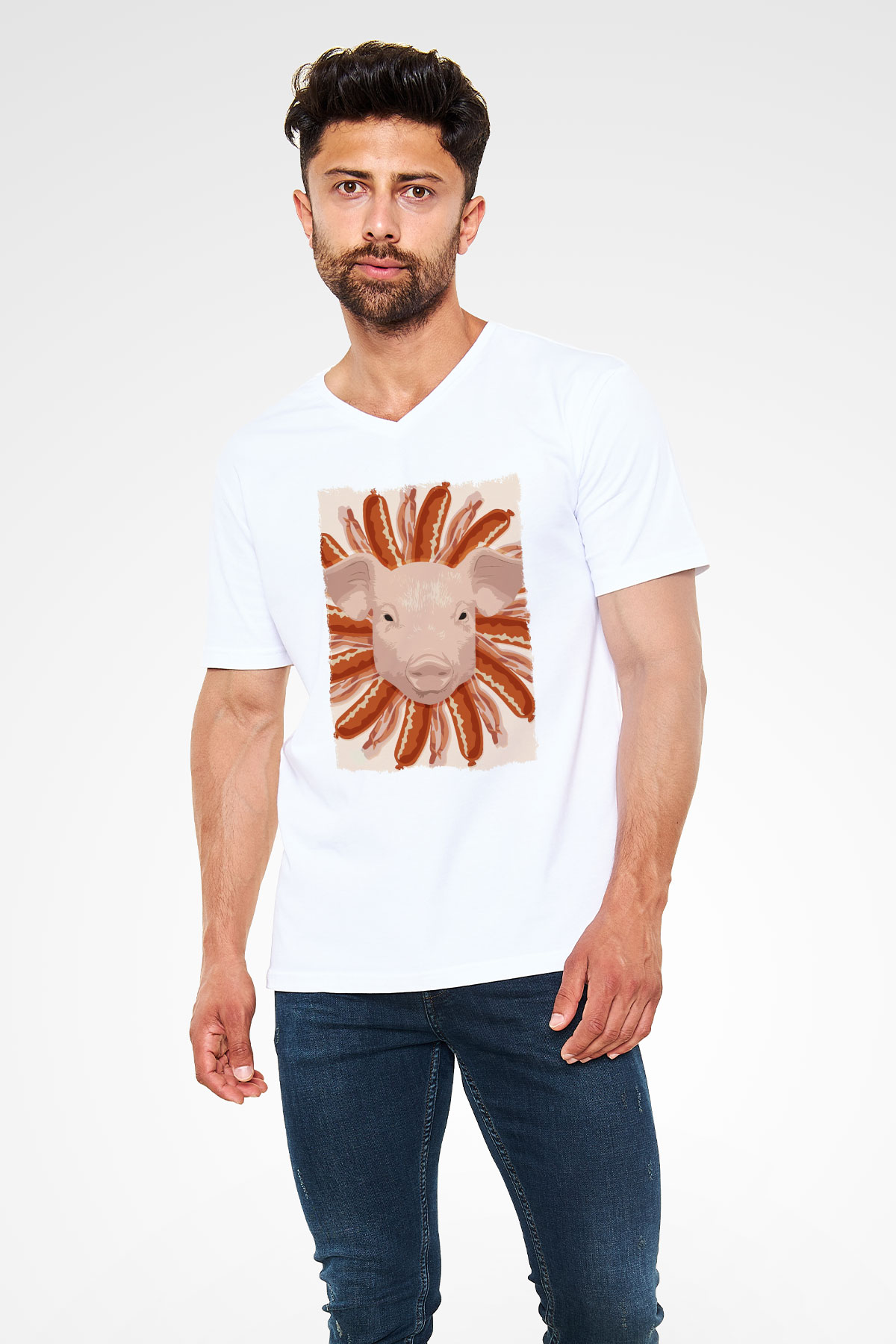 Domuz Beyaz Unisex V Yaka Tişört