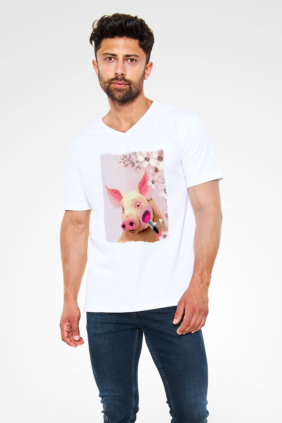 Domuz Beyaz Unisex V Yaka Tişört