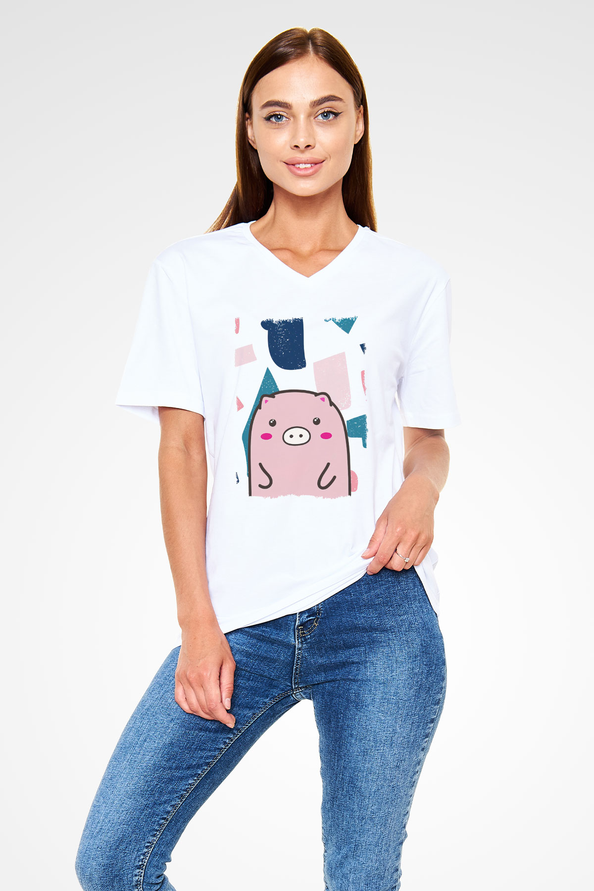 Domuz Beyaz Unisex V Yaka Tişört