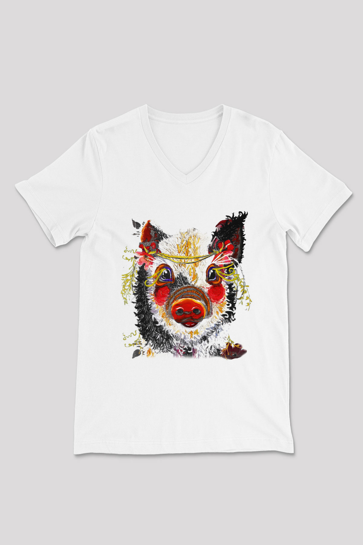 Domuz Beyaz Unisex V Yaka Tişört T-Shirt