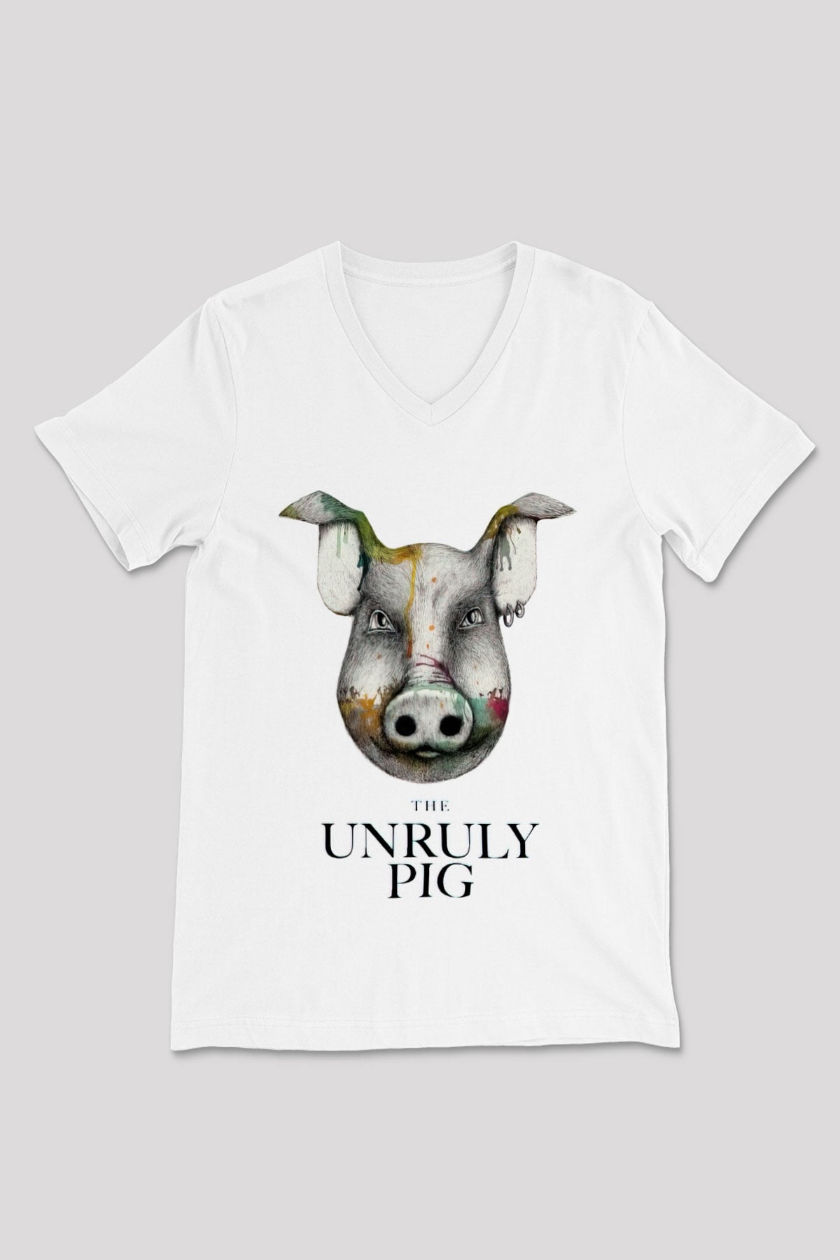 Domuz Beyaz Unisex V Yaka Tişört T-Shirt