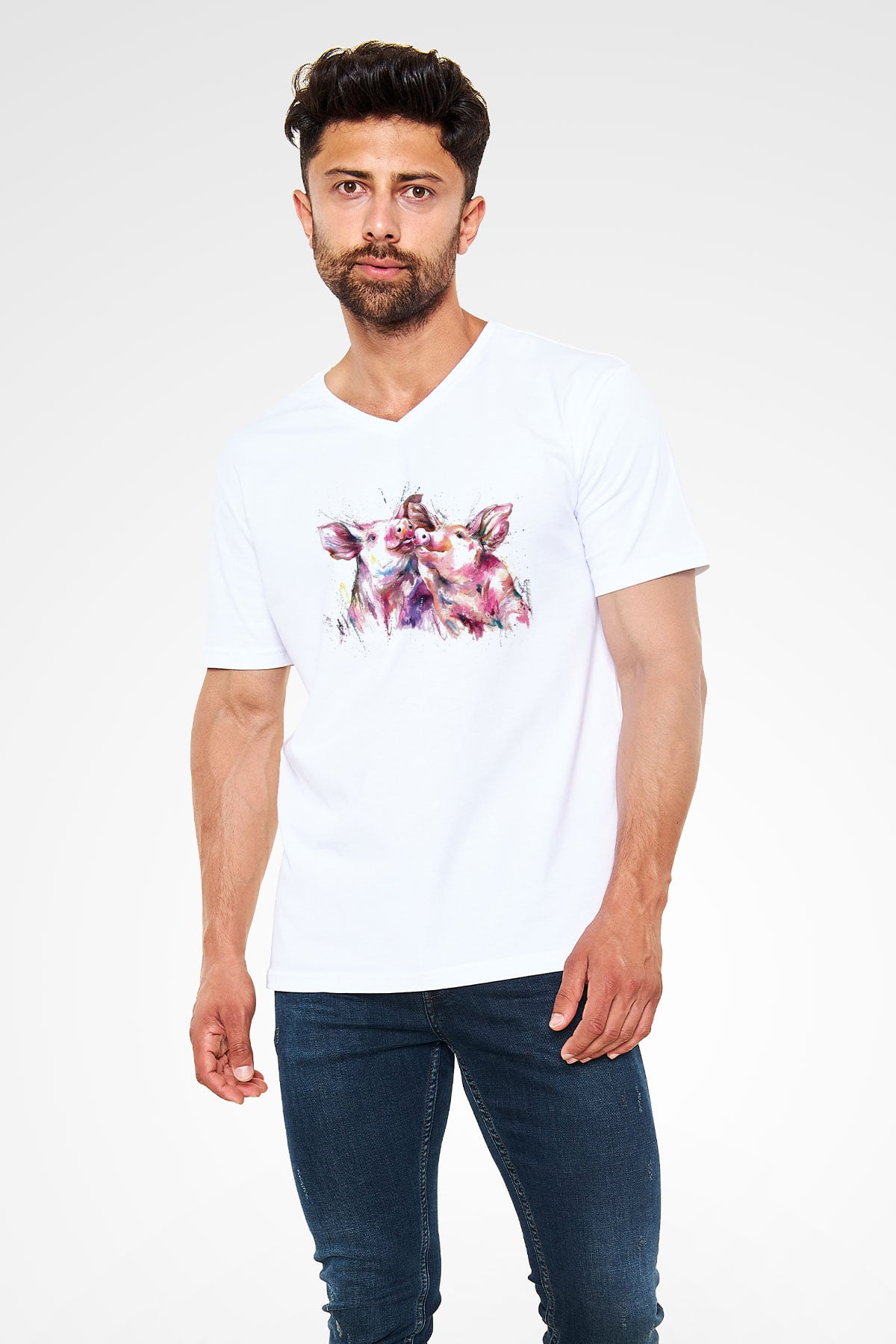 Domuz Beyaz Unisex V Yaka Tişört T-Shirt