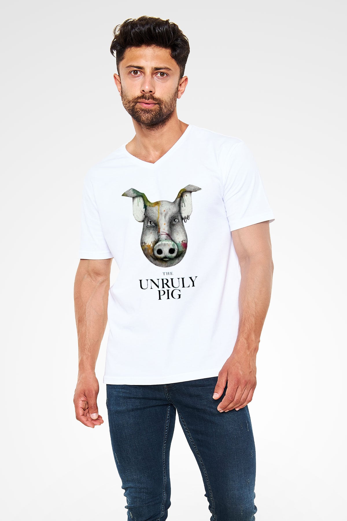 Domuz Beyaz Unisex V Yaka Tişört T-Shirt