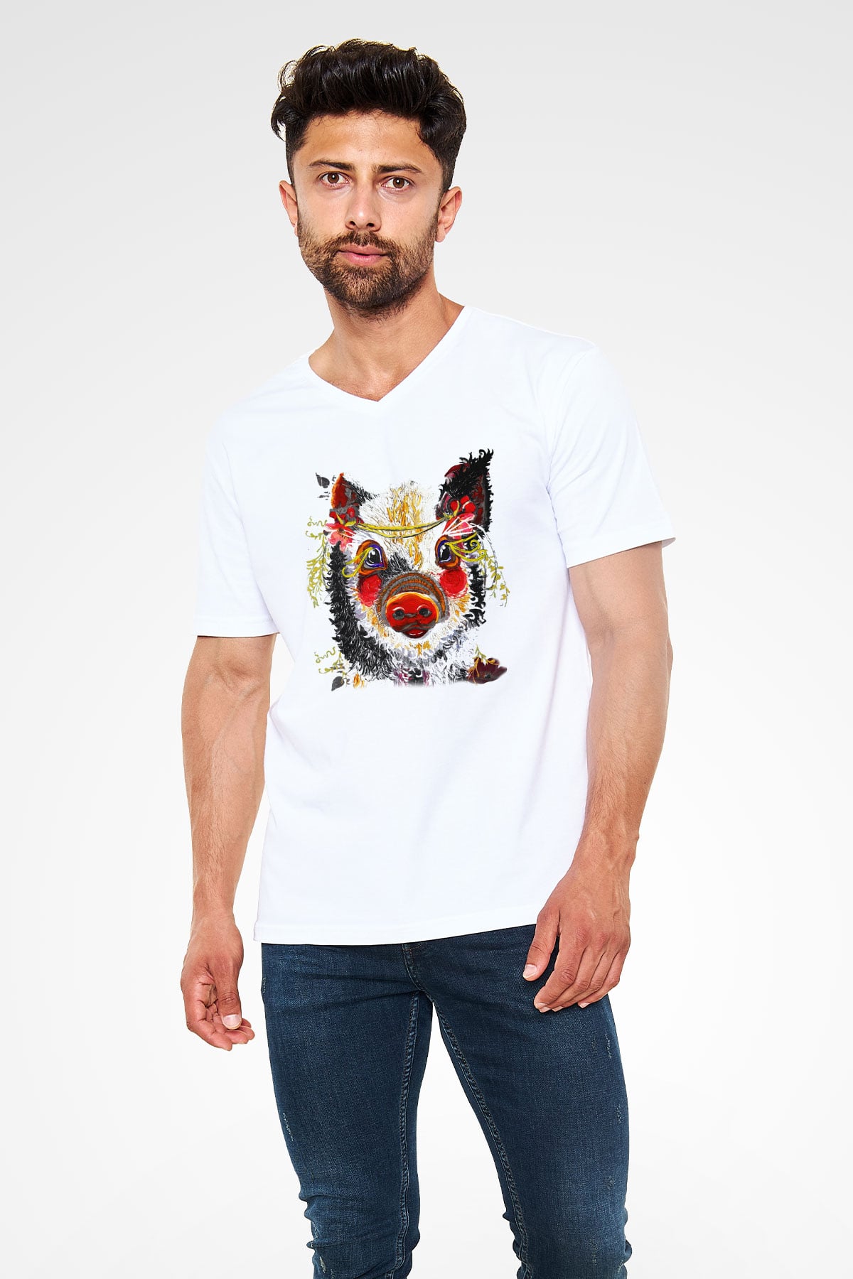Domuz Beyaz Unisex V Yaka Tişört T-Shirt