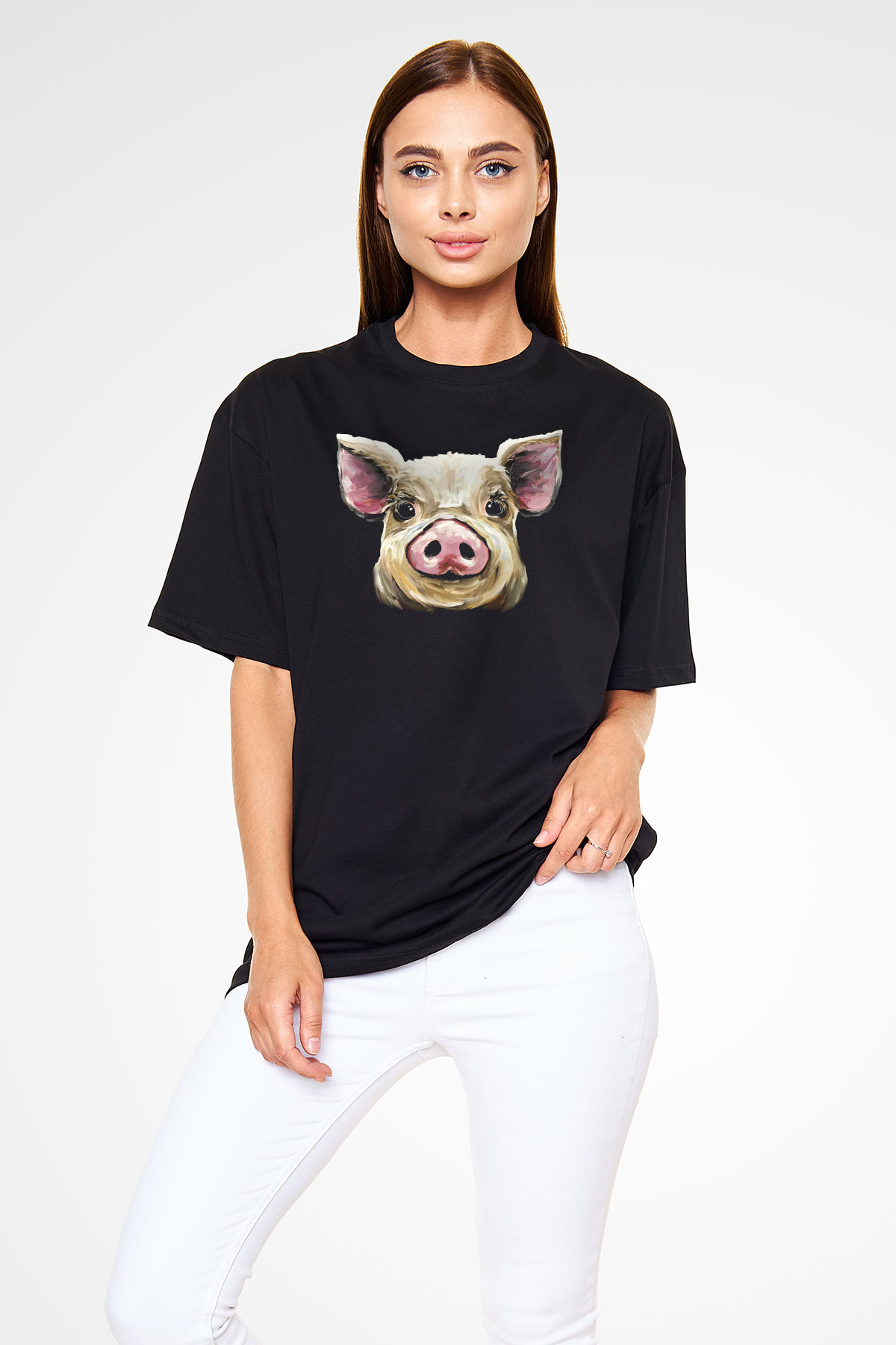 Domuz Siyah Unisex Oversize Tişört T-Shirt