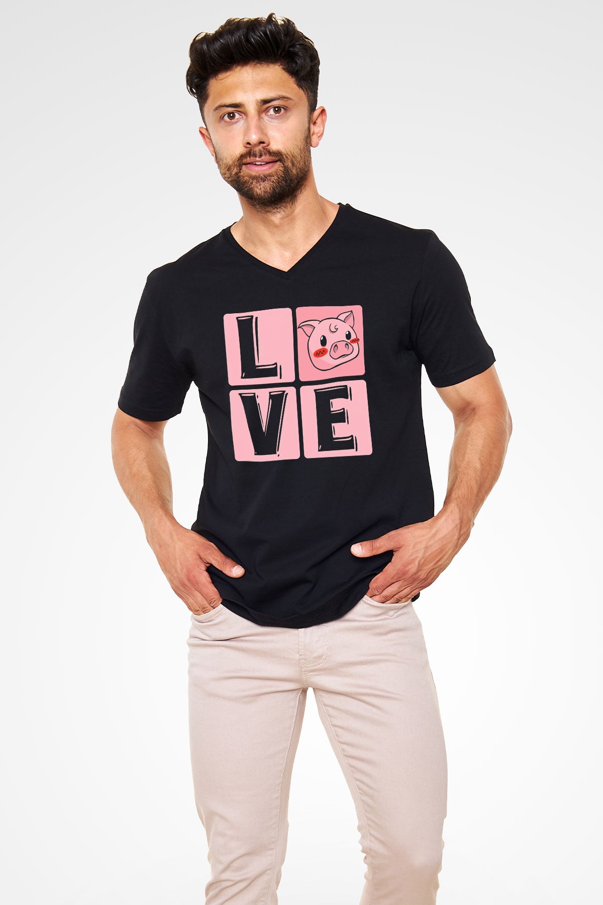 Domuz Siyah Unisex V Yaka Tişört