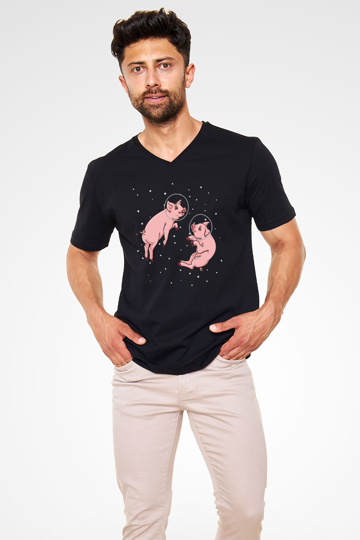 Domuz Siyah Unisex V Yaka Tişört