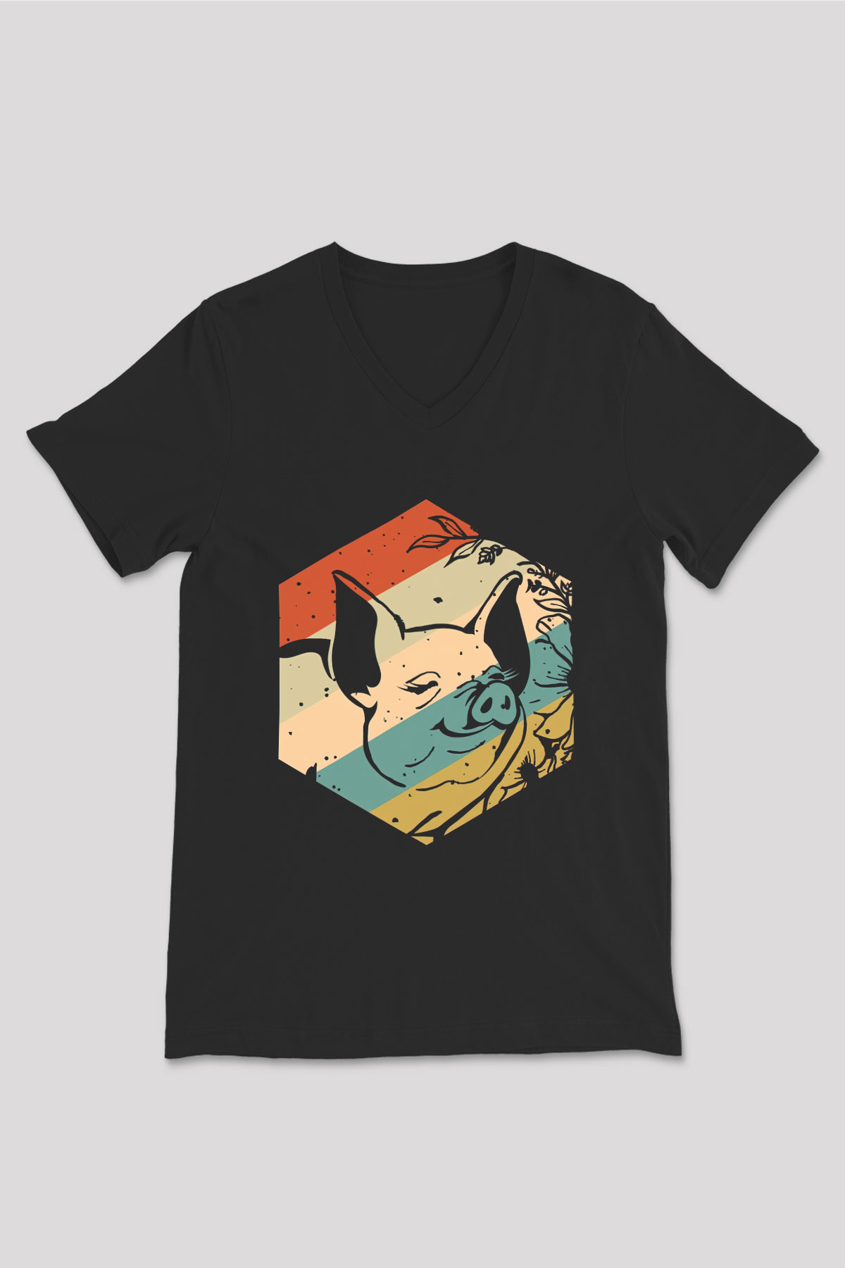 Domuz Siyah Unisex V Yaka Tişört