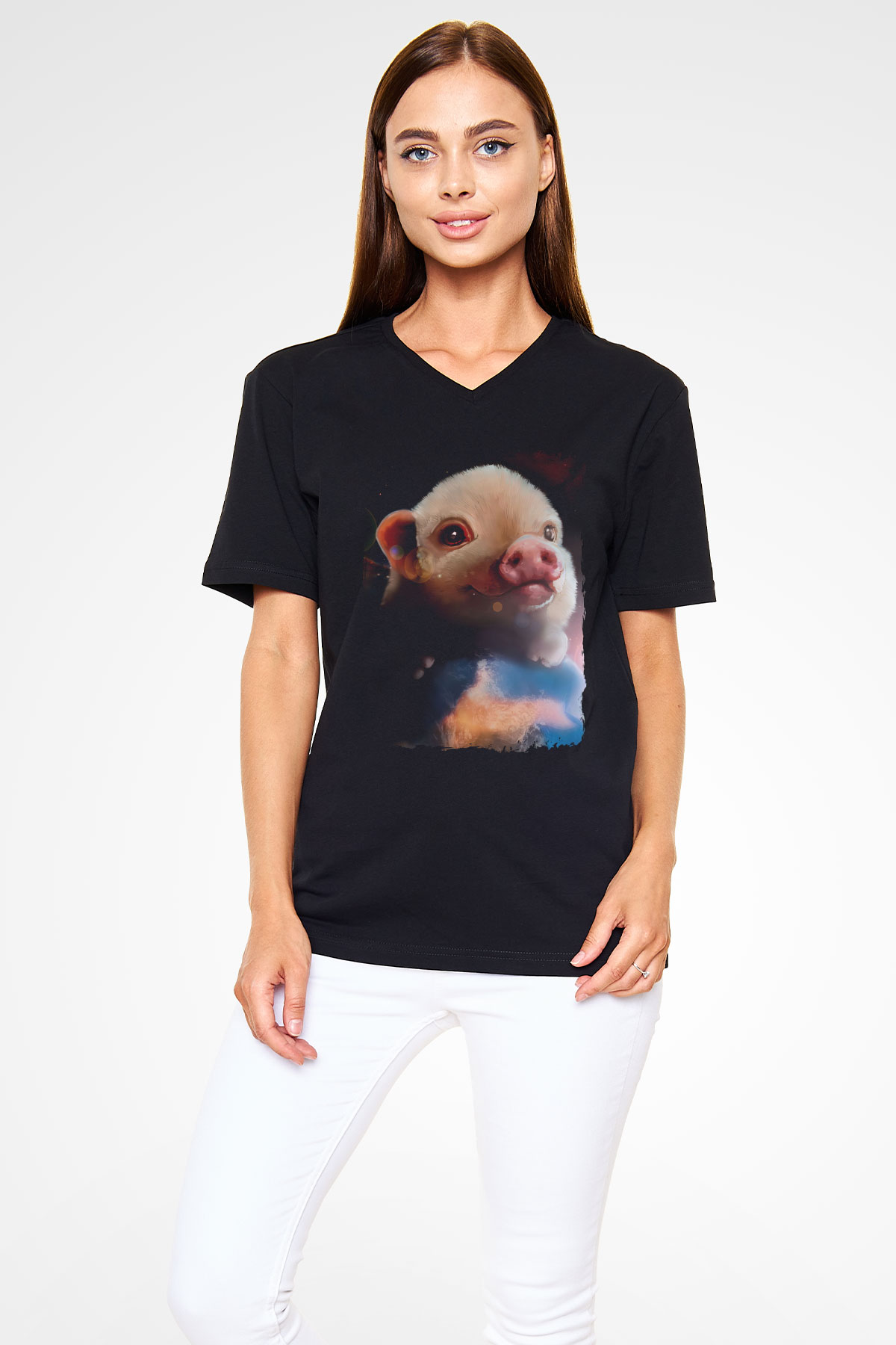 Domuz Siyah Unisex V Yaka Tişört