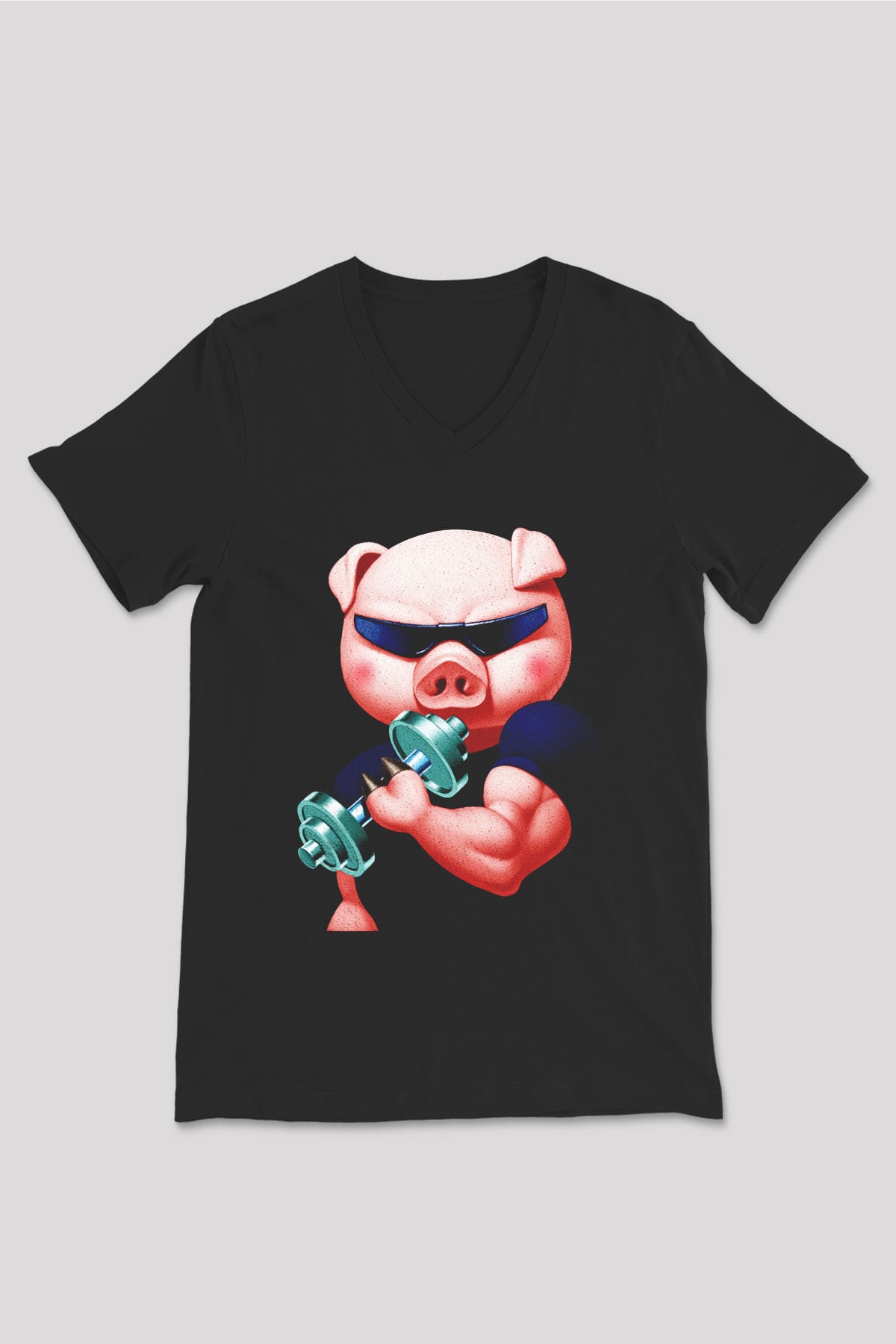 Domuz Siyah Unisex V Yaka Tişört T-Shirt