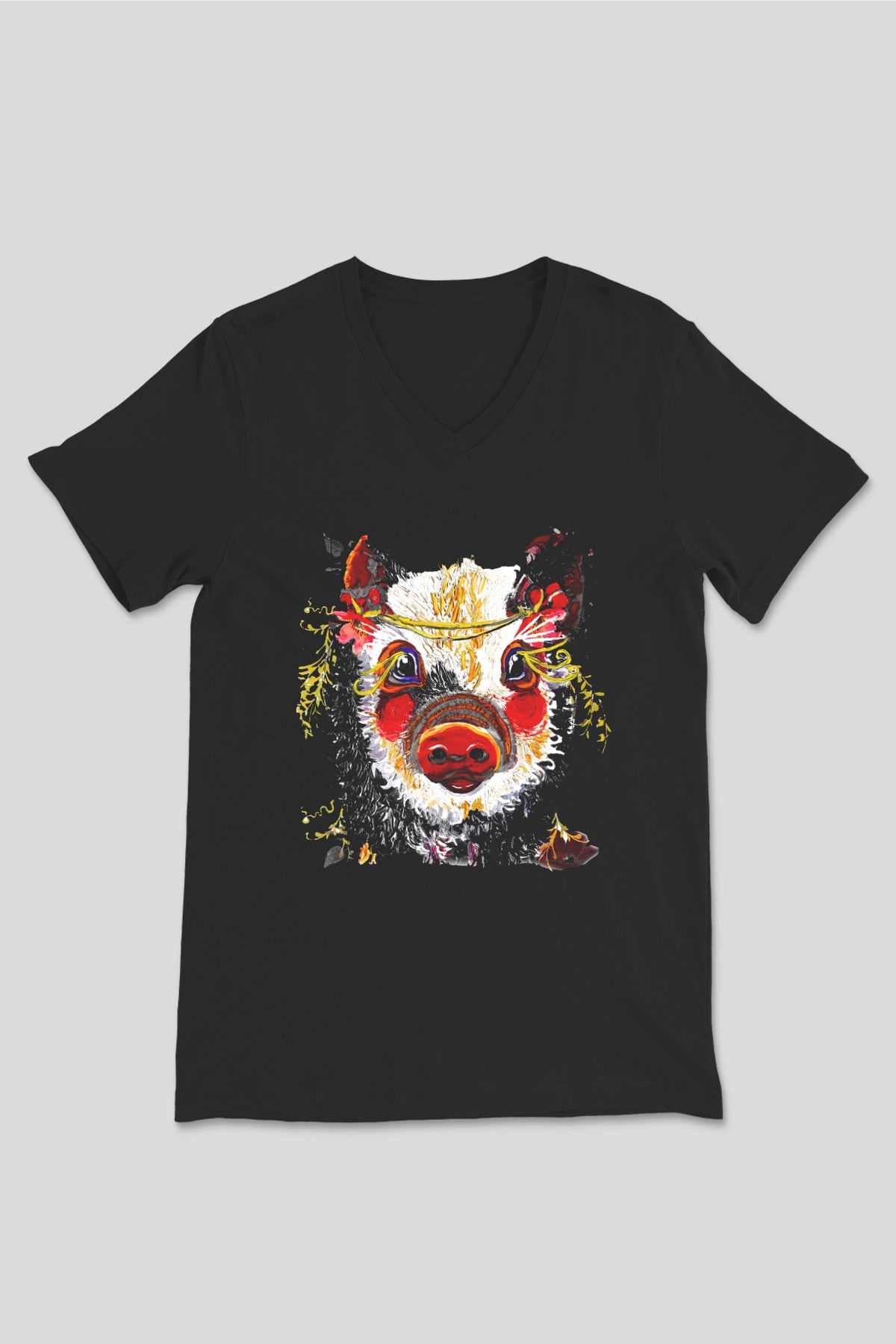 Domuz Siyah Unisex V Yaka Tişört T-Shirt