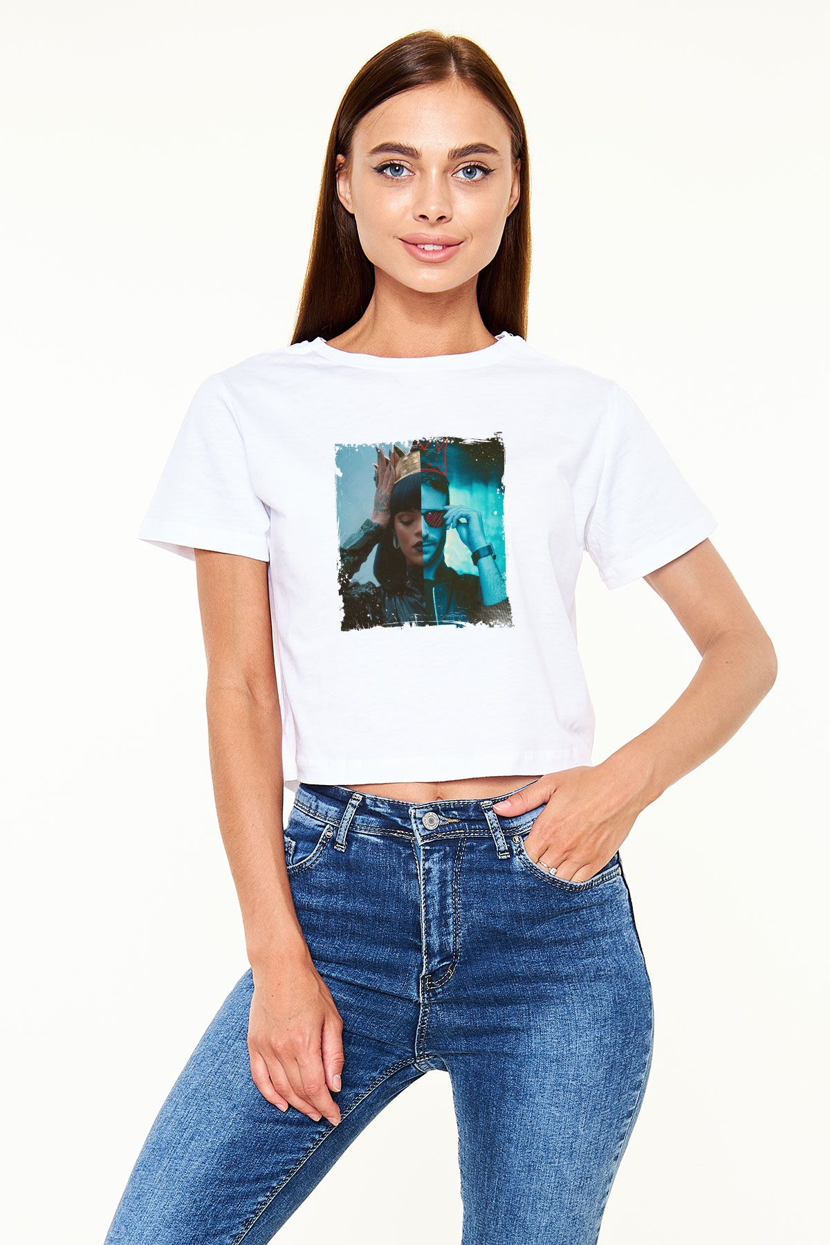 Don Diablo Baskılı Beyaz Kadın Crop Top Tişört