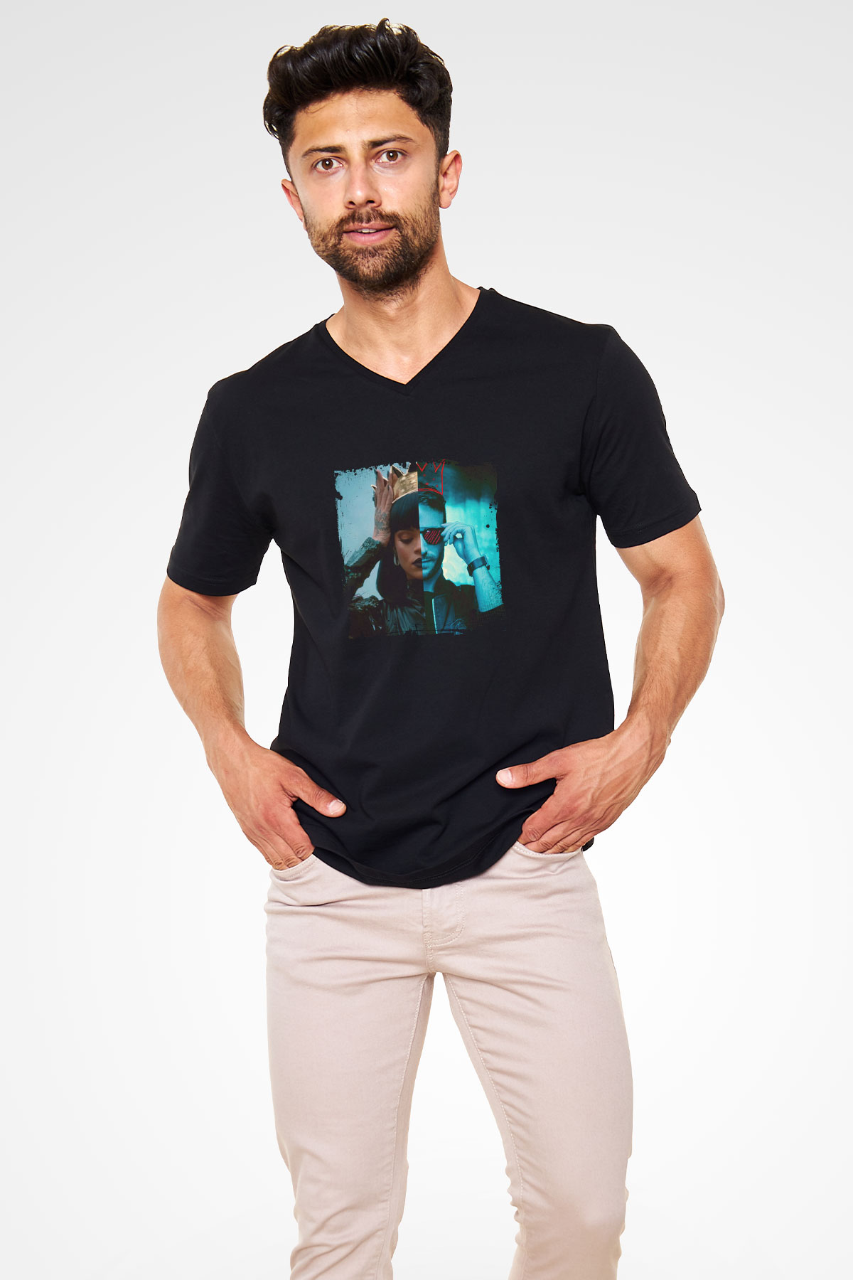 Don Diablo Baskılı Unisex Siyah V Yaka Tişört