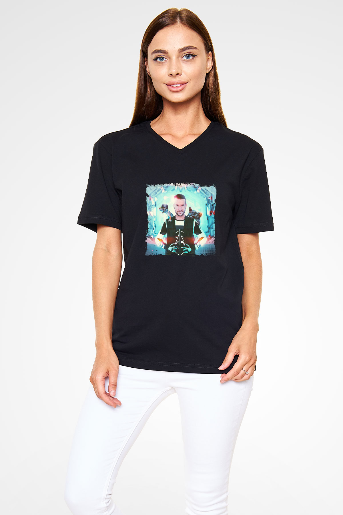Don Diablo Baskılı Unisex Siyah V Yaka Tişört
