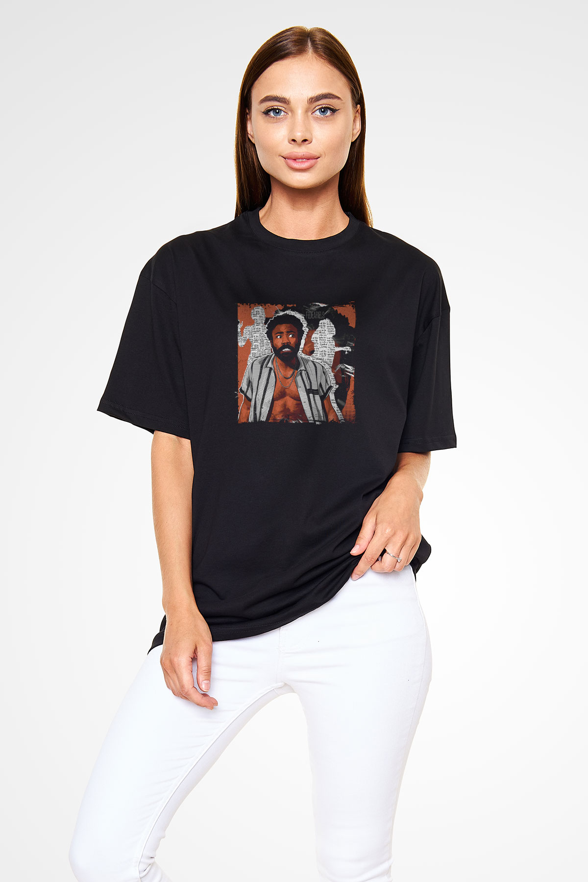 Donald Glover Baskılı Unisex Oversize Siyah Tişört