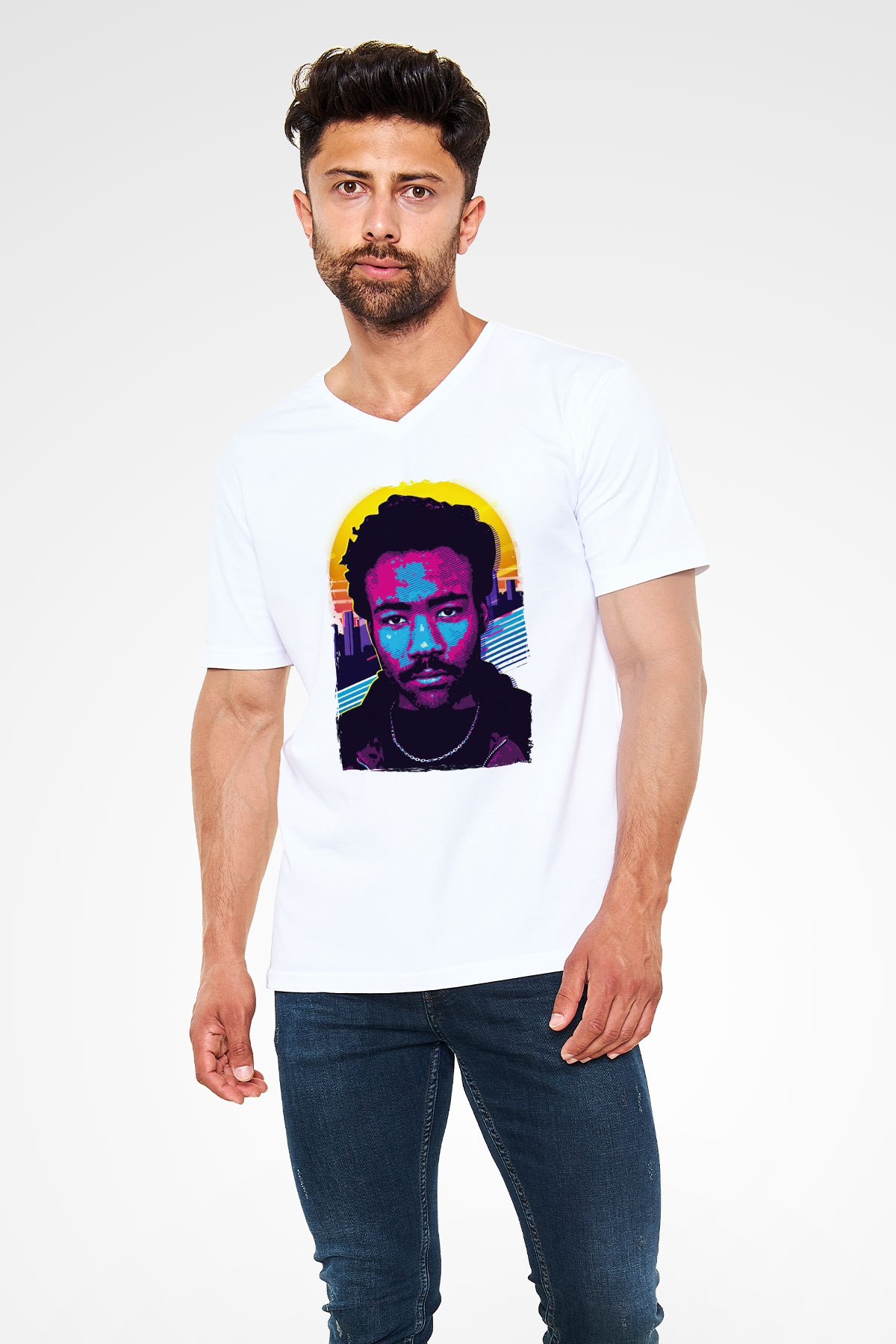 Donald Glover Beyaz Unisex V Yaka Tişört