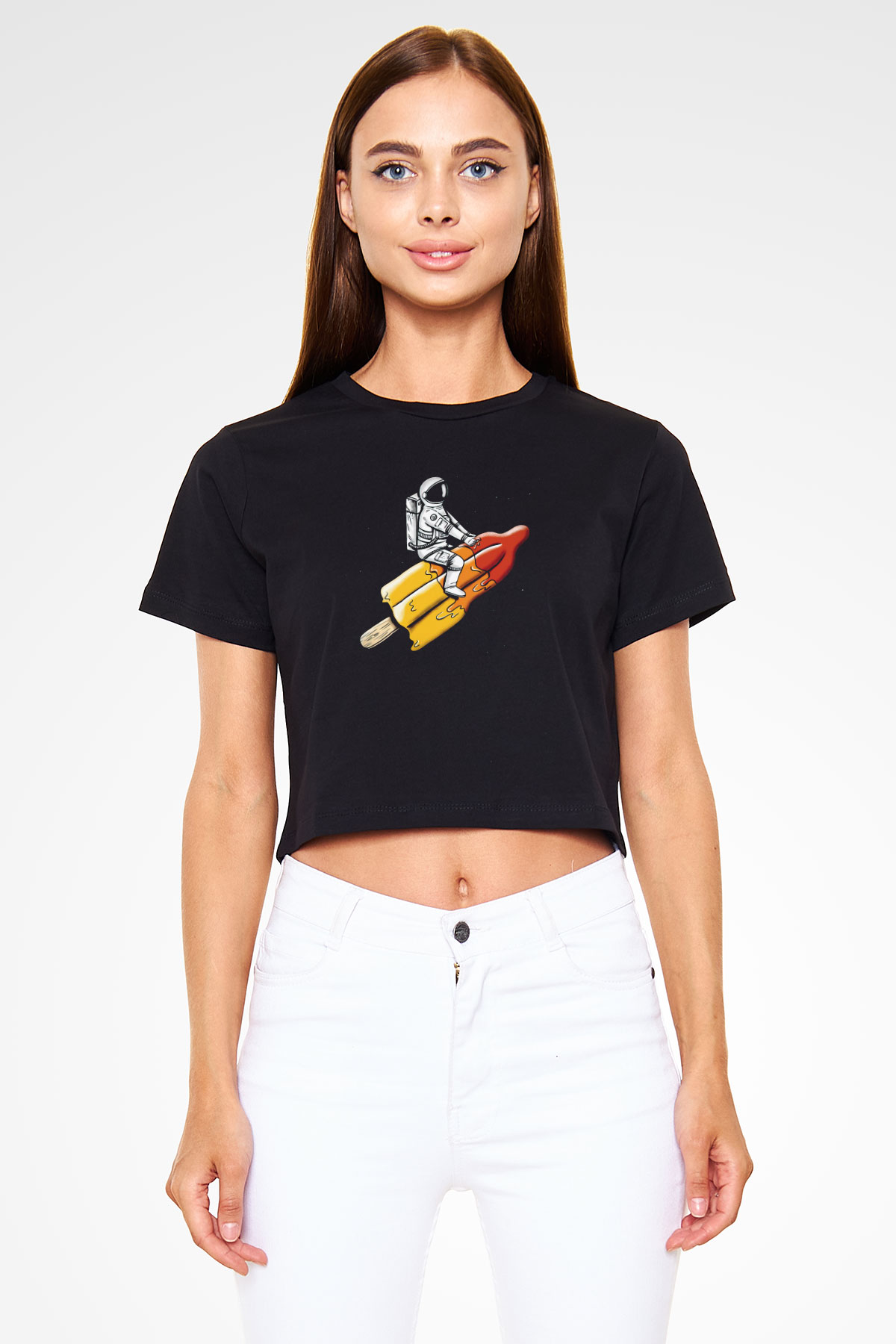 Dondurma ile Uzaya Yolculuk Baskılı  Siyah  Crop Top Tişört