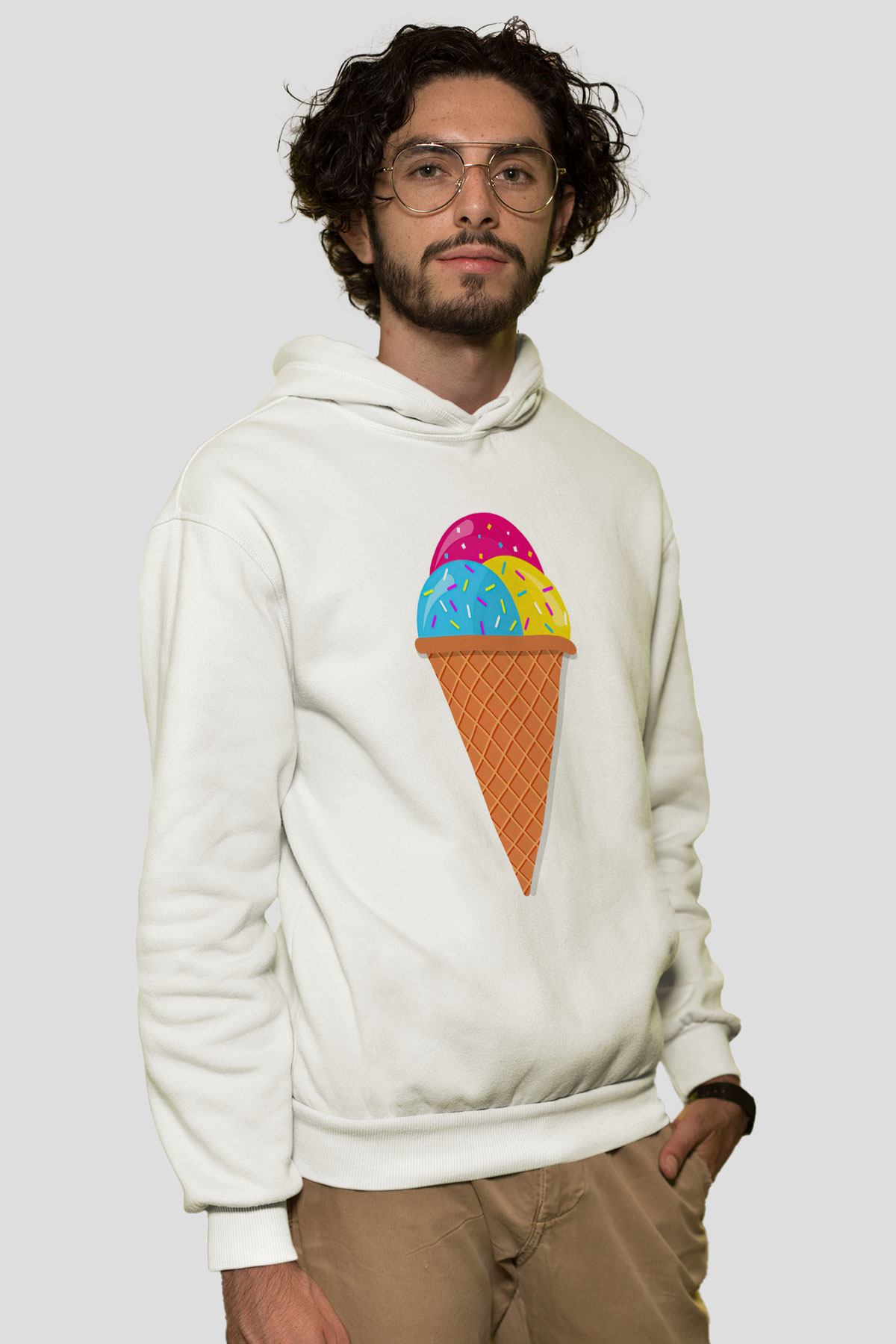 Dondurmacı Beyaz Unisex Kapüşonlu Sweatshirt
